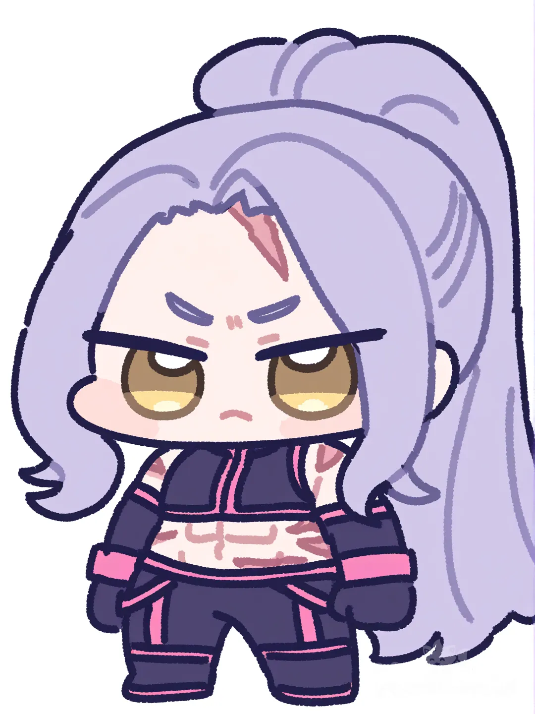 (Из Моя Геройская Академия) Девушка, мускулистая, шрамы по всему телу, сиреневые волосы собранные в хвост до бёдер, серо-жёлтые глаза, на ней костюм героя состоящий из фиолетового топа закрывающий грудь ключицу и шею с розовыми полосами у края топа, широкие штаны цвета тёмно-фиолетового с розовыми полосами у его пояса и низа, с широкими перчатками и широкими ботинками. Она стоит на белом фоне, сосредоточенно нахмурившись, [chibi-sticker-style]