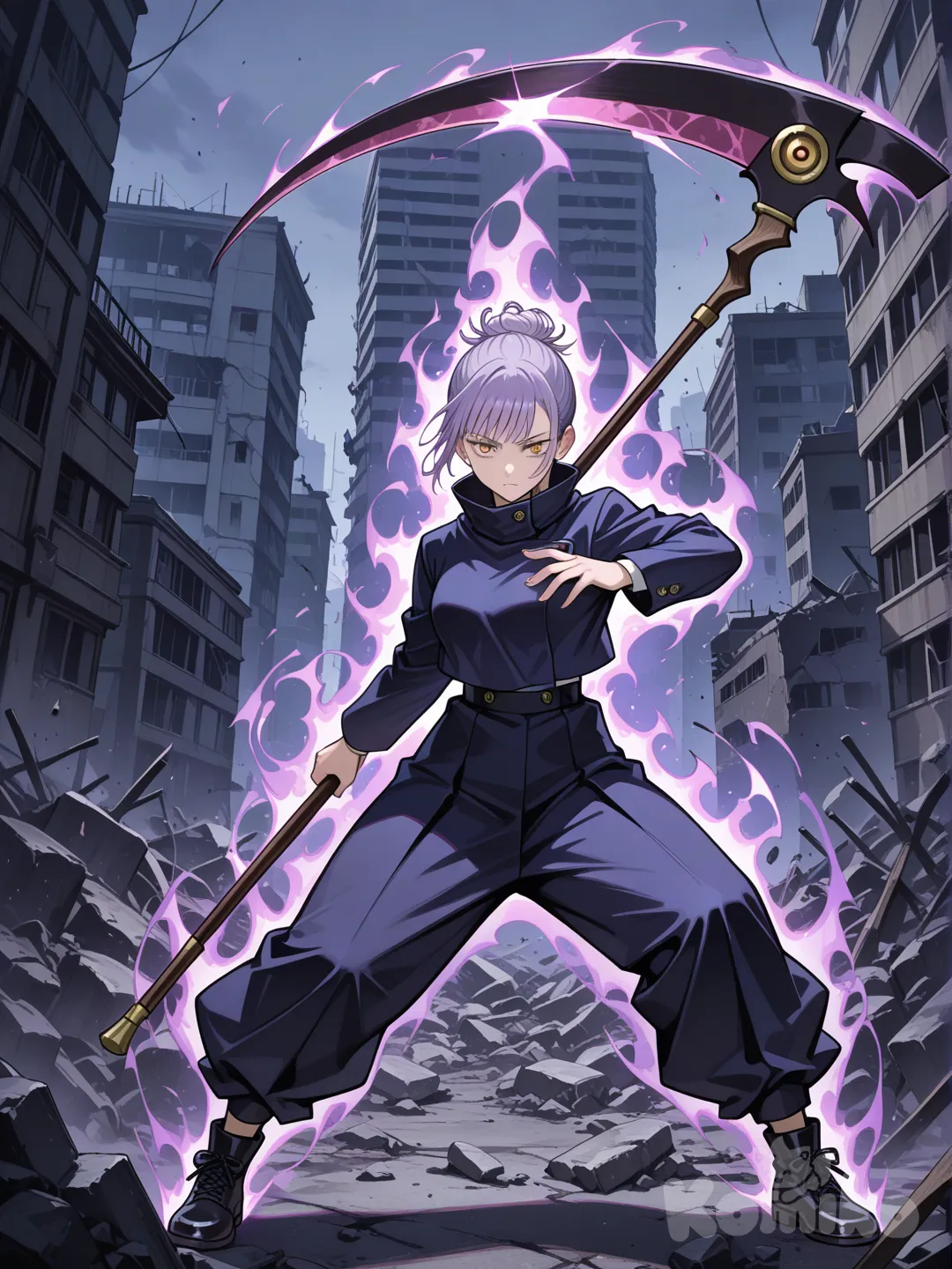 (Из Дзюдзюцу Кайсен) девушка, сиреневые волосы собранные в пучок, серо-жёлтые глаза, на ней форма школы Дзюдзюцу Кайсен с свободными штанами. Она стоит по среди обломков, вокруг её проклятая сила цвета фиолетового, а в руке держит большую косу, цвета чёрного.