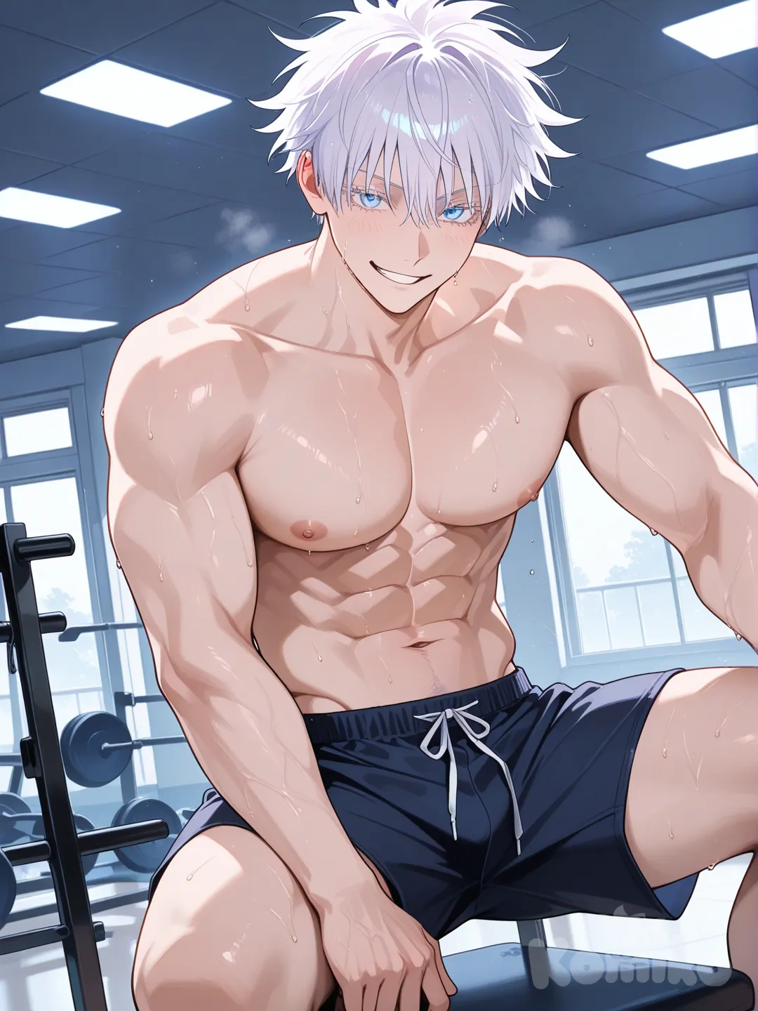 @Gojou_Satoru, в одних шортах, мускулистый, с него капает пот, на тренировки, ухмыляется