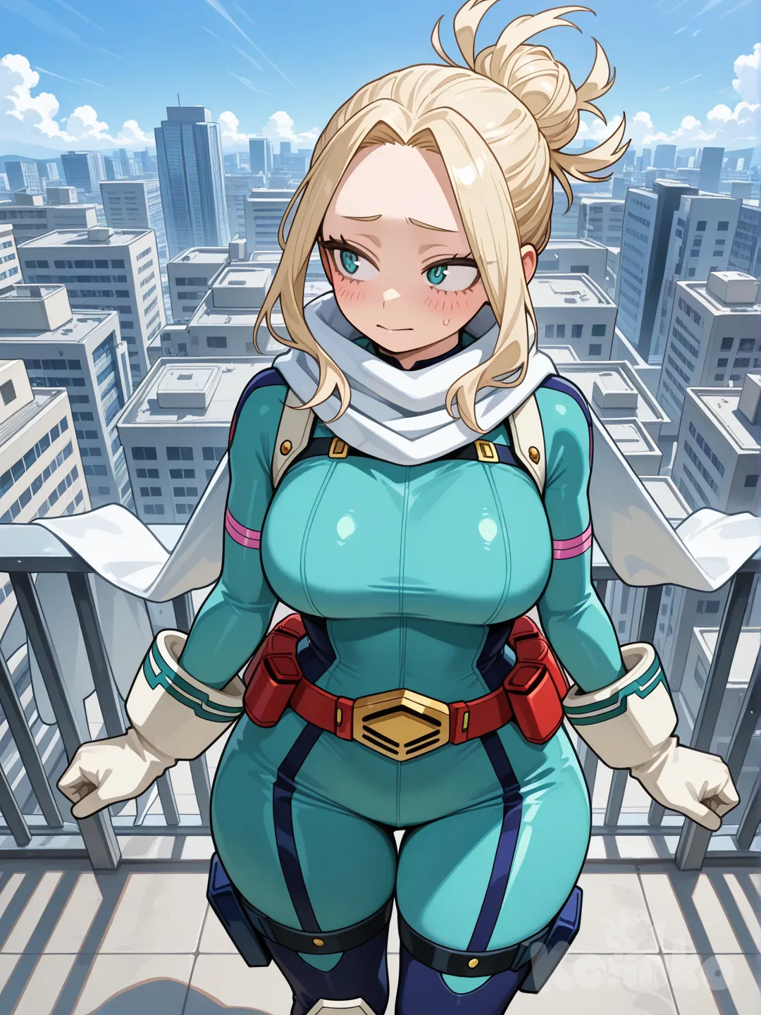 2(Из Моя Геройская Академия) девушка, большие формы, ванильно-белые пушистые гладкие волосы собранные в один пучок, из которого вылезли несколько непослушных прядей, бирюзовые глаза, на ней костюм Героя светло голубого, серебрянного цвета, с белыми, широкими перчатками, на ногах и руках типо специальных штук для воды или там охлаждения, на поясе ремень с двумя маленькими сумками с двух сторон и белый шарф. Она стоит на крыше, нервно оглядываясь по сторонам.