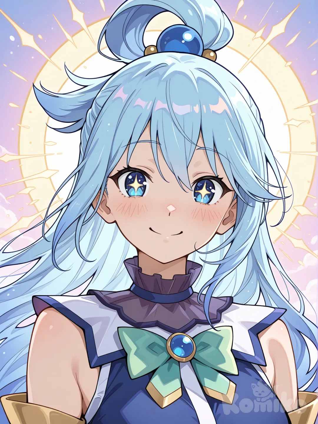 aqua (konosuba), beautiful anime goddess, long light blue hair flowing softly, bright blue eyes full of sparkle, gentle and joyful expression, flawless anime face, delicate nose, soft blush, elegant proportions, wearing her iconic blue and white goddess outfit with golden accents, light and airy fabric, divine aura, soft glow around her, pastel color palette, high detail anime illustration, clean lineart, smooth shading, vibrant but soft colors, centered composition, cinematic soft lighting, ethereal fantasy atmosphere, modern anime style, ultra