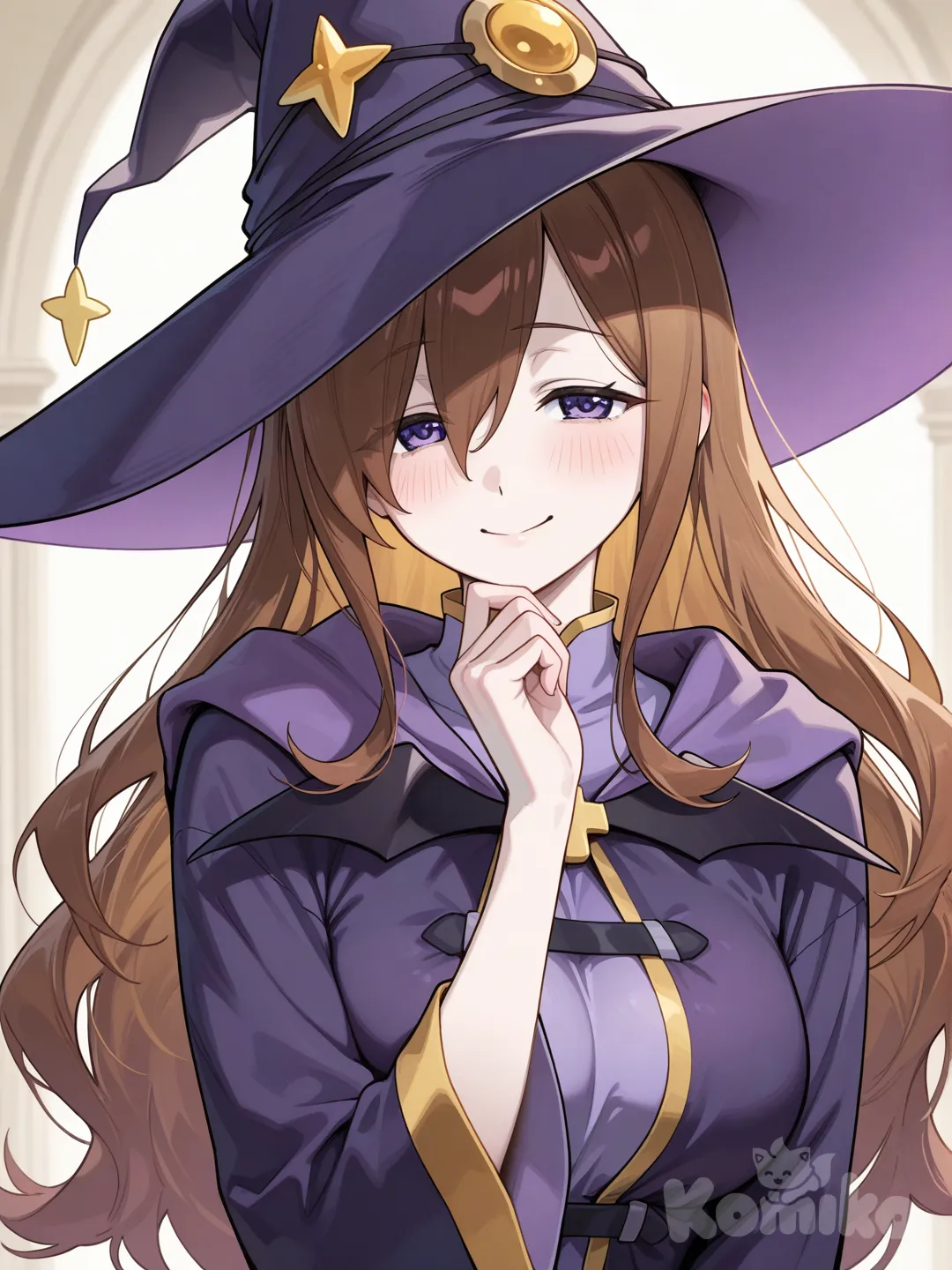wiz(konosuba) is a beautiful and gentle woman with long dark brown hair flowing softly and calm purple eyes full of warmth. Her pale skin glows subtly, her expression is kind and serene, and her smile is shy but comforting. She wears an elegant black witch outfit with a wide hat, simple yet graceful, surrounded by soft lighting that enhances her peaceful and charming presence.