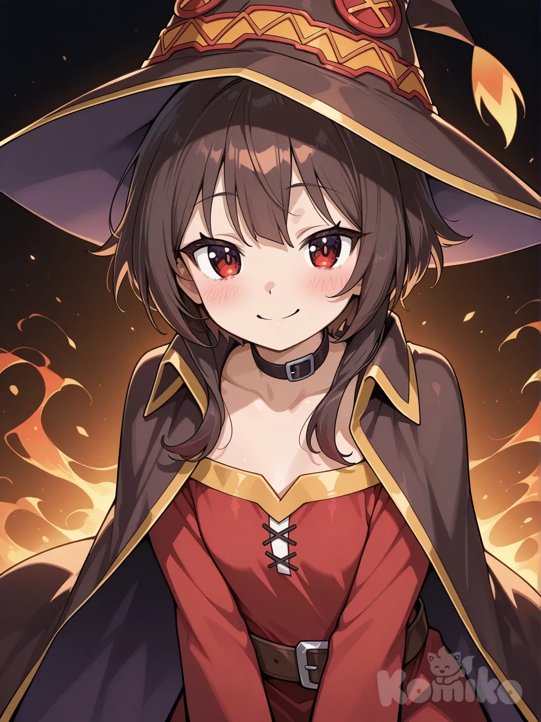 megumin(konosuba) is a charming young woman with short dark brown hair and deep red eyes full of energy and curiosity. She has a playful yet confident expression, fair skin, and a small, graceful figure. She wears her iconic red mage outfit with a large wizard hat, giving her a cute and magical presence, enhanced by soft lighting and a warm fantasy atmosphere