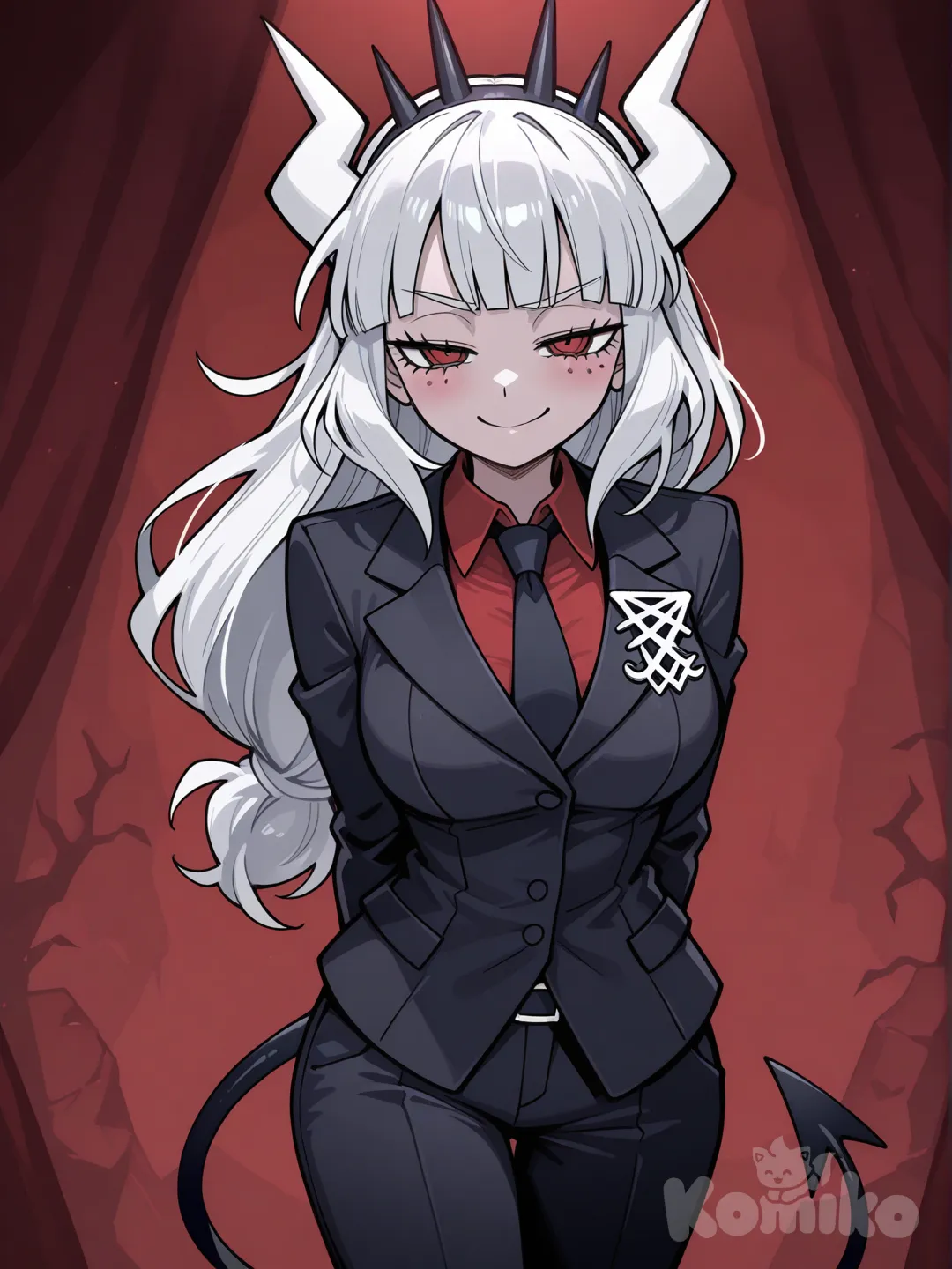 lucifer(Helltaker), is a confident and elegant woman with long silver hair and sharp golden eyes. Her expression is calm and alluring, with a knowing smile that shows her dominant and refined personality. She wears a stylish black suit with a red tie, perfectly tailored, giving her a powerful yet graceful presence enhanced by soft, dramatic lighting., @Lucifer_(Helltaker)