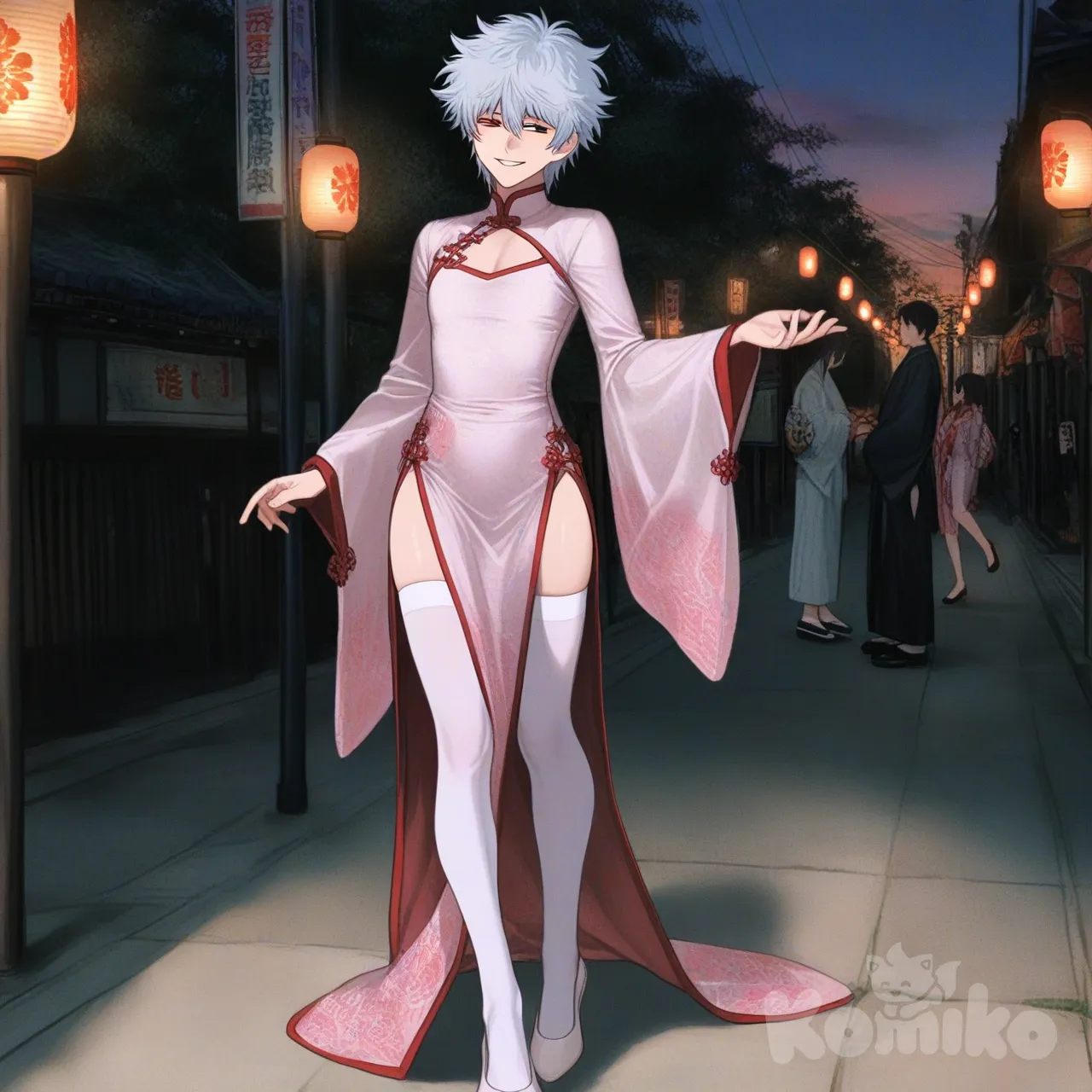 [semi-realistic-portrait-style]
Саката Гинтоки мужчина в полный рост пропорционально немного худее чем в каноничности варианте, его каноничная причёска, выражение лица например, лёгкая милая улыбка. 

Одежда: Гинтоки парень в женской одежде, светло-розовое традиционное платье-аозай (или ципао) с высоким воротником и разрезом по бедру и белые чулки выше колена китайские туфельки в тон одежды без коблука.

Обстановка : Улица Кабуки-чо, фоновые вывески на японском, фонари вечернее освещение. 
Окружение: На заднем плане можно изобразить Хиджикату. 
Стиль: В аниме-стиле Гинтамы динамичная сцена, детализированный фон, аниме стиль.