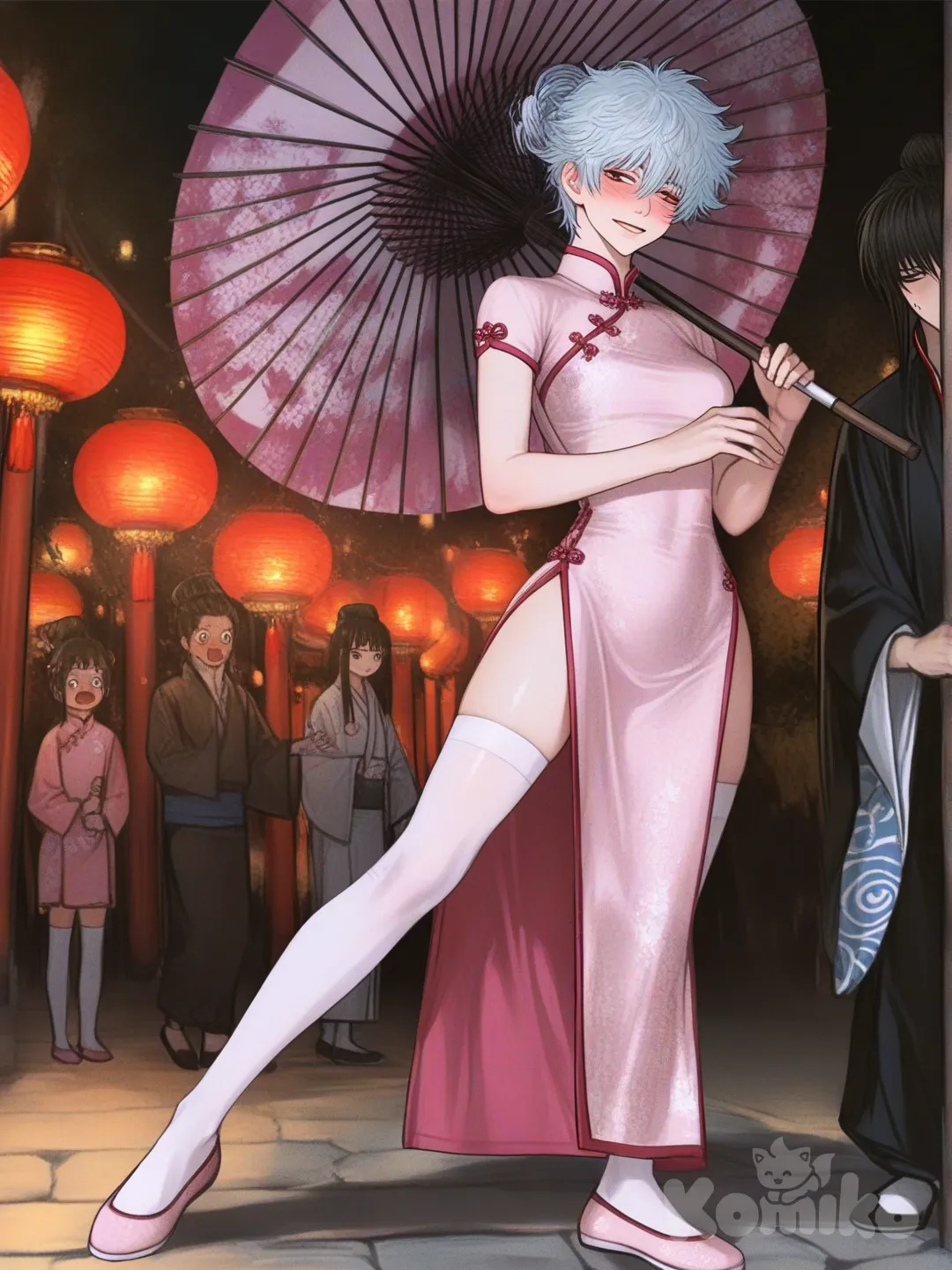 Саката Гинтоки мужчина в полный рост худое телосложение, его каноничная причёска, выражение лица например, лёгкая милая улыбка. 

Одежда: Гинтоки парень в женской одежде светло-розовое традиционное платье-аозай (или ципао) с высоким воротником и разрезом по бедру и белые чулки выше колена китайские туфельки в тон одежды без коблука. 
Обстановка : Улица Кабуки-чо, фоновые вывески на японском вечерне время, фонари вечернее освещение, в левой руке держит бумажный зонтик. 
Окружение: На заднем плане можно изобразить удивлено-смущенного Хиджикату. 

Стиль: Гинтама динамичная сцена, детализированный фон., [semi-realistic-portrait-style]