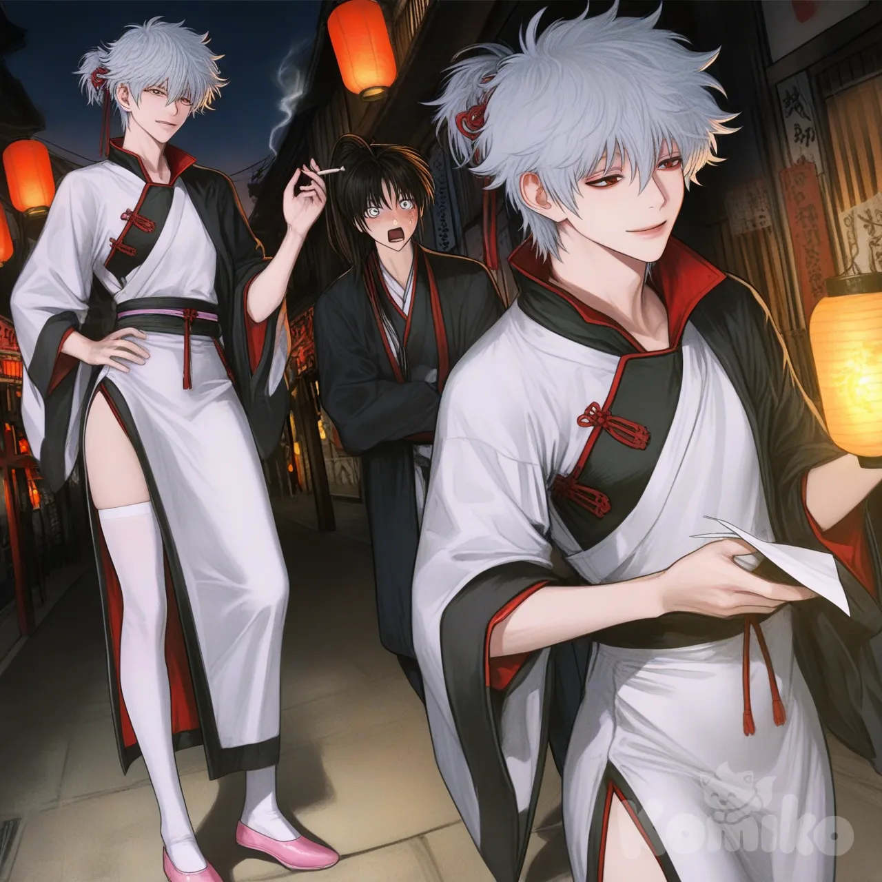 [semi-realistic-portrait-style]
Саката Гинтоки в полный рост пропорционально немного худее чем в каноничности варианте, его каноничная причёска, выражение лица например, лёгкая милая улыбка. 

Одежда: Светло-розовое традиционное платье-аозай (или ципао) с высоким воротником и разрезом по бедру и белые чулки выше колена китайские туфельки в тон одежды без коблука.

Обстановка : Улица Кабуки-чо, фоновые вывески на японском, фонари вечернее освещение. 
Окружение: На заднем плане можно изобразить Хиджикату, который роняет сигарету от шока. 
Стиль: В аниме-стиле Гинтамы динамичная сцена, детализированный фон, аниме стиль.