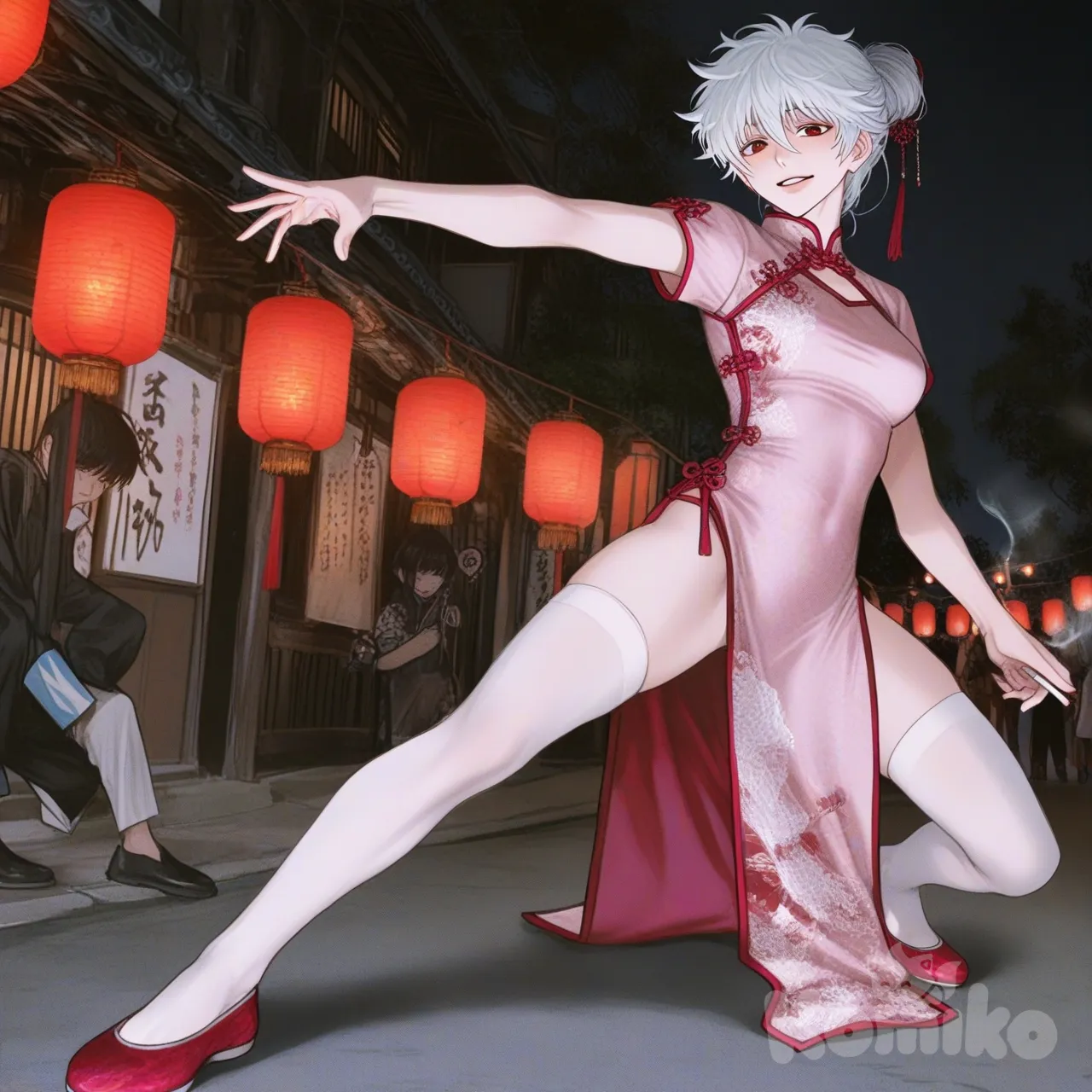 [semi-realistic-portrait-style]
Саката Гинтоки в полный рост пропорционально немного худее чем в каноничности варианте, его каноничная причёска, выражение лица например, лёгкая милая улыбка. 

Одежда: Светло-розовое традиционное платье-аозай (или ципао) с высоким воротником и разрезом по бедру и белые чулки выше колена китайские туфельки в тон одежды без коблука.

Обстановка : Улица Кабуки-чо, фоновые вывески на японском, фонари вечернее освещение. 
Окружение: На заднем плане можно изобразить Хиджикату, который роняет сигарету от шока. 
Стиль: В аниме-стиле Гинтамы динамичная сцена, детализированный фон, аниме стиль.