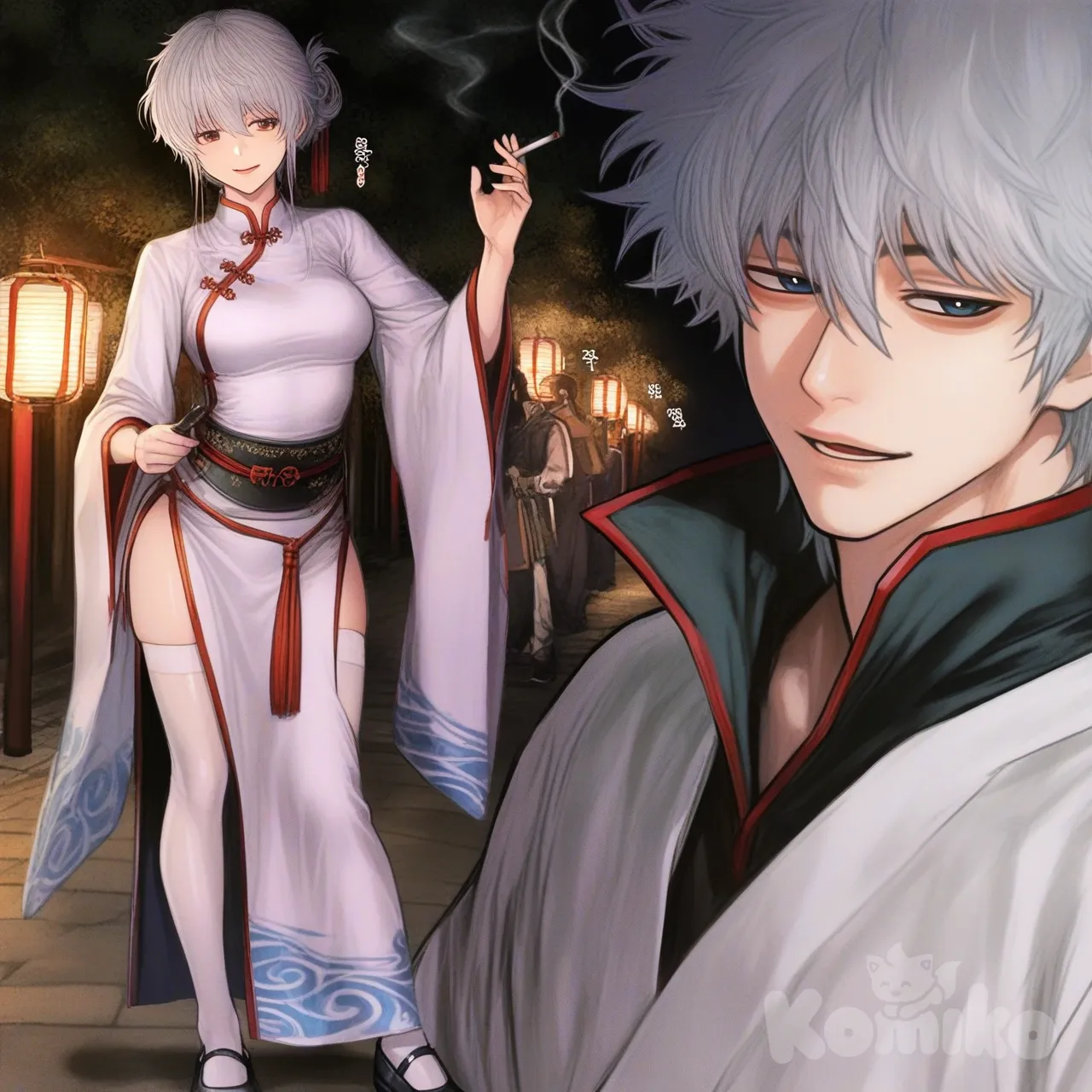 [semi-realistic-portrait-style]
Саката Гинтоки мужчина в полный рост пропорционально немного худее чем в каноничности варианте, его каноничная причёска, выражение лица например, лёгкая милая улыбка. 

Одежда: Светло-розовое традиционное платье-аозай (или ципао) с высоким воротником и разрезом по бедру и белые чулки выше колена китайские туфельки в тон одежды без коблука.

Обстановка : Улица Кабуки-чо, фоновые вывески на японском, фонари вечернее освещение. 
Окружение: На заднем плане можно изобразить Хиджикату, который роняет сигарету от шока. 
Стиль: В аниме-стиле Гинтамы динамичная сцена, детализированный фон, аниме стиль.