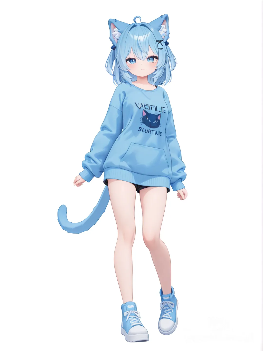 [3d-anime-style] 1girl, cat_ears, blue_eyes, single character, full body, looking at viewer, anime style, simple background, white background