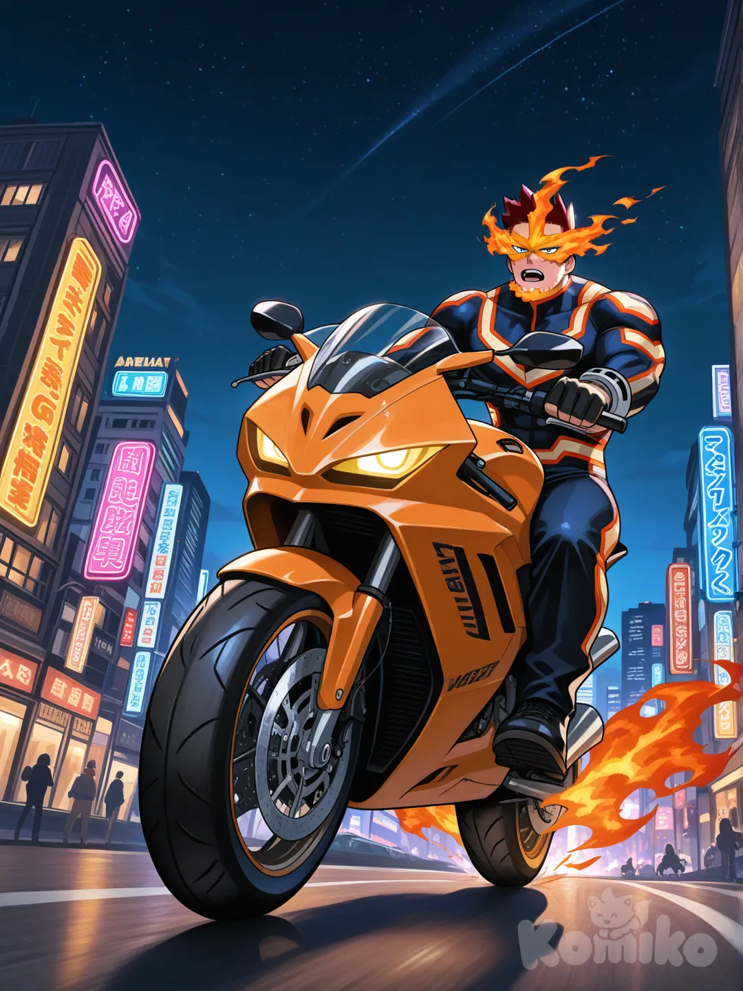@Endeavor_(Boku_No_Hero_Academia), entrain de faire une roue arrière à moto, dans les rues de Tokyo, de nuit