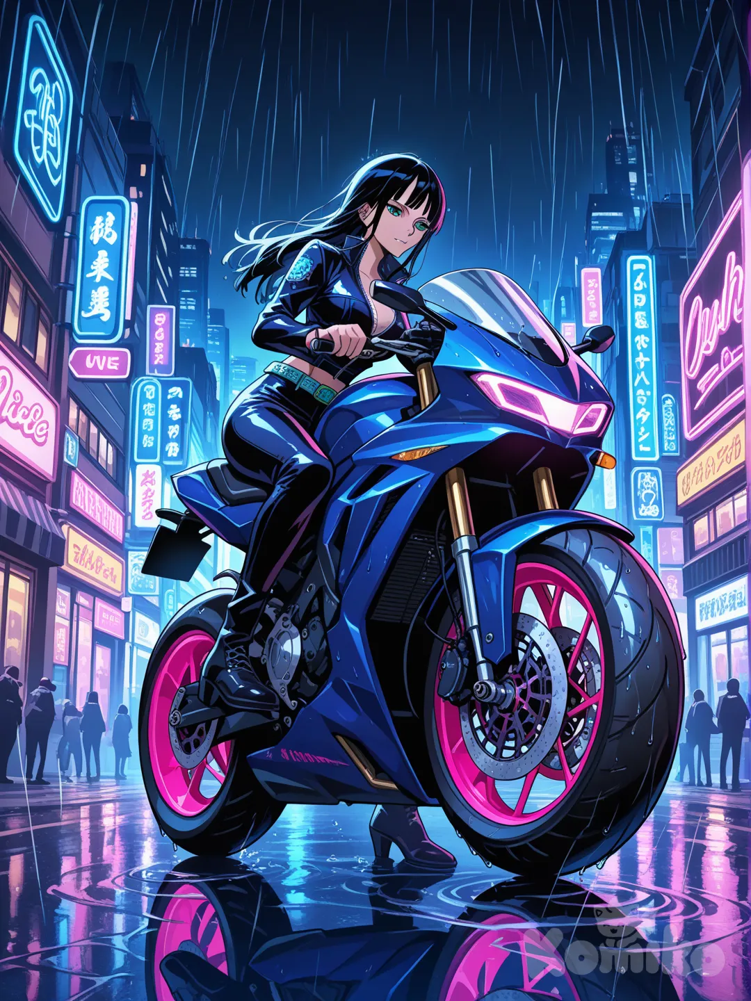 sur une moto, dans les rues de Tokyo, de nuit, dans un style cyberpunk, @Nico_Robin