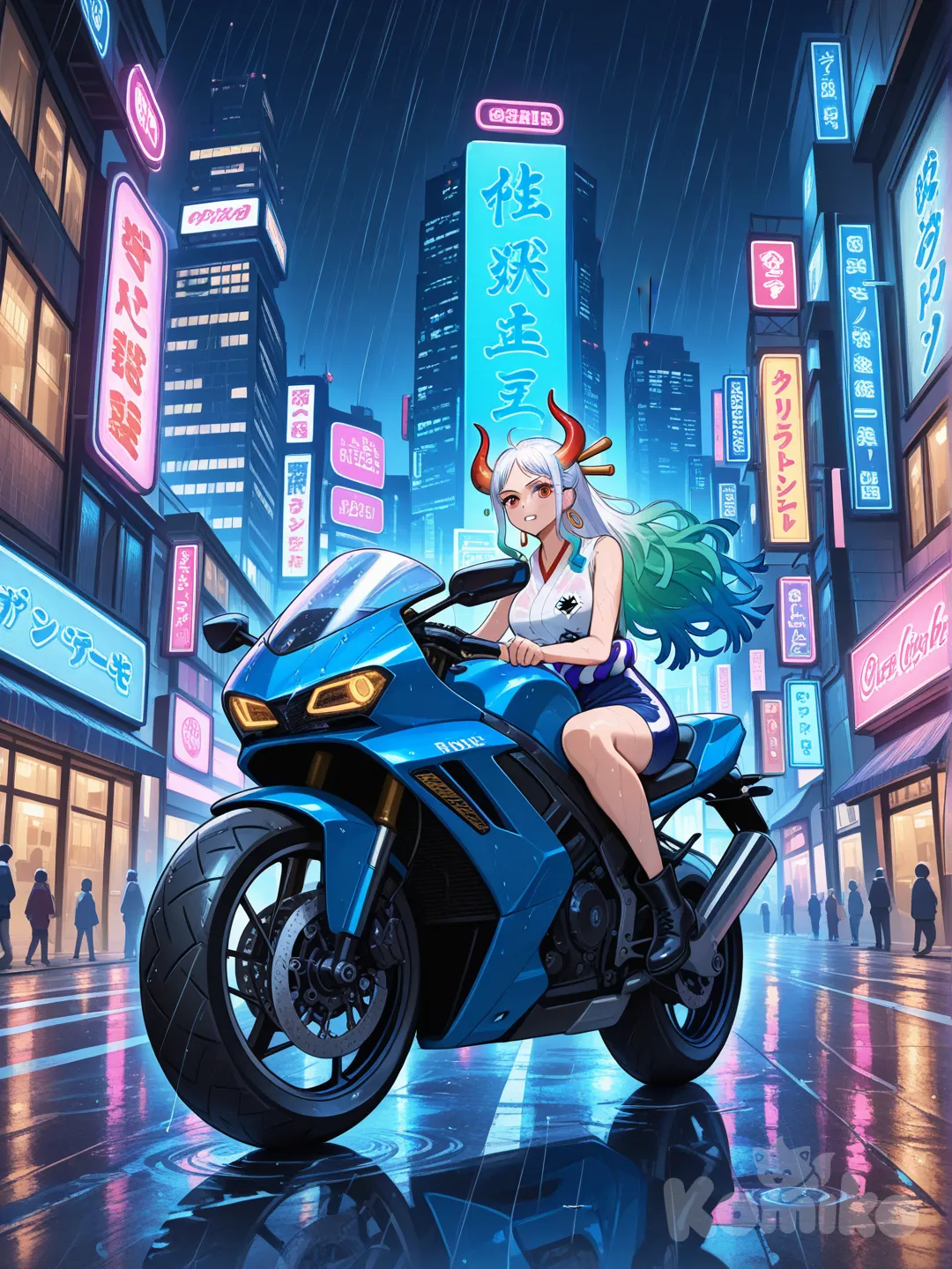 sur une moto, dans les rues de Tokyo, de nuit, dans un style cyberpunk, @Yamato_(One_Piece)