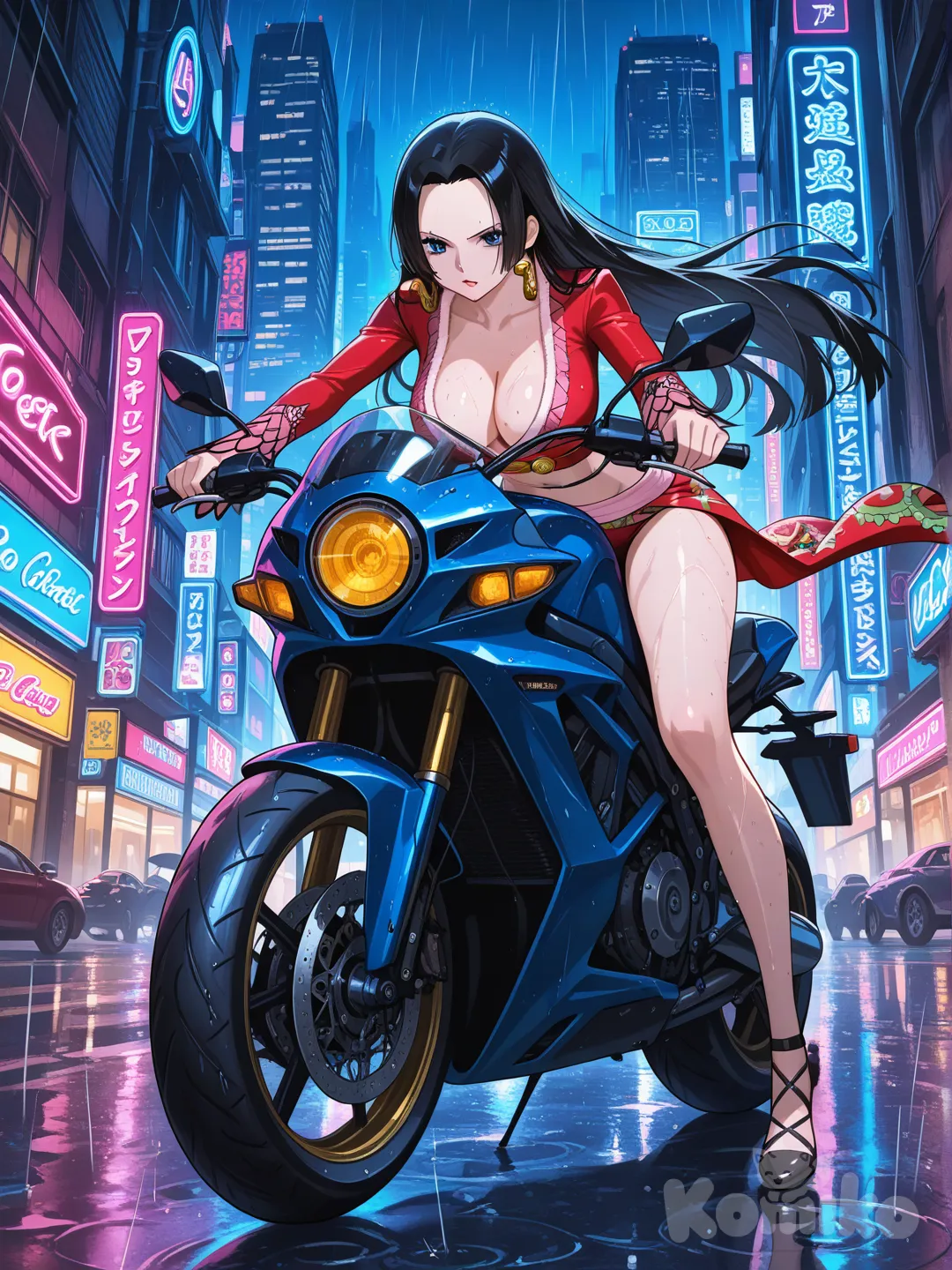 sur une moto, dans les rues de Tokyo, de nuit, dans un style cyberpunk, @Boa_Hancock