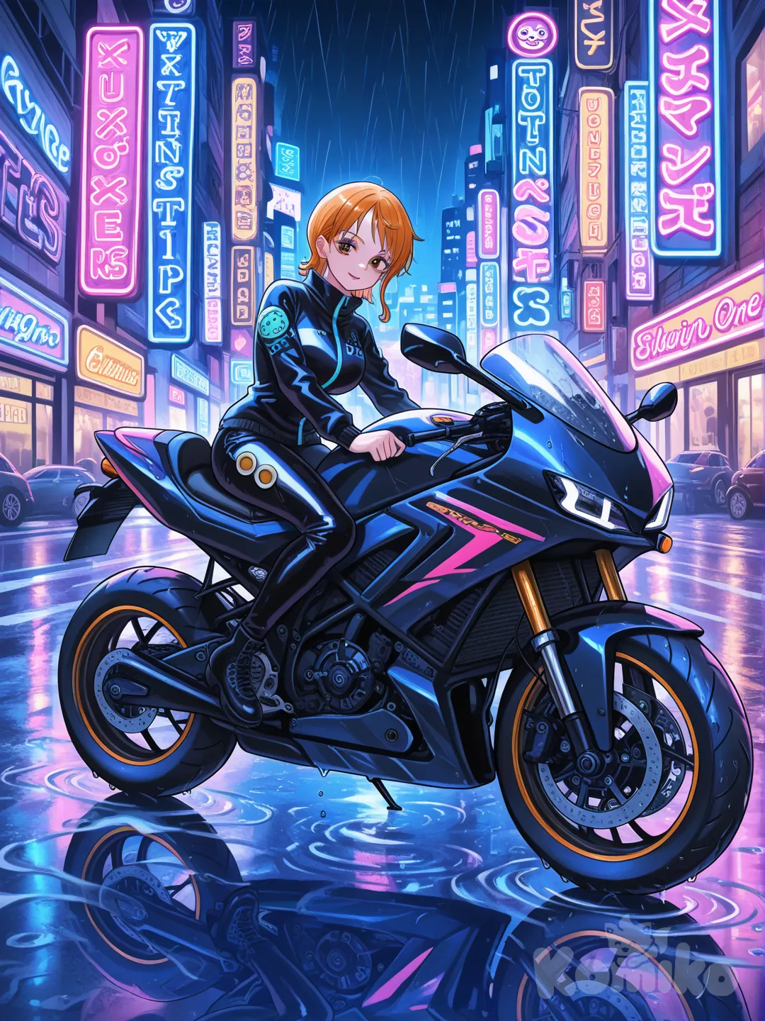 @Nami_(One_Piece), sur une moto, dans les rues de Tokyo, de nuit, dans un style cyberpunk