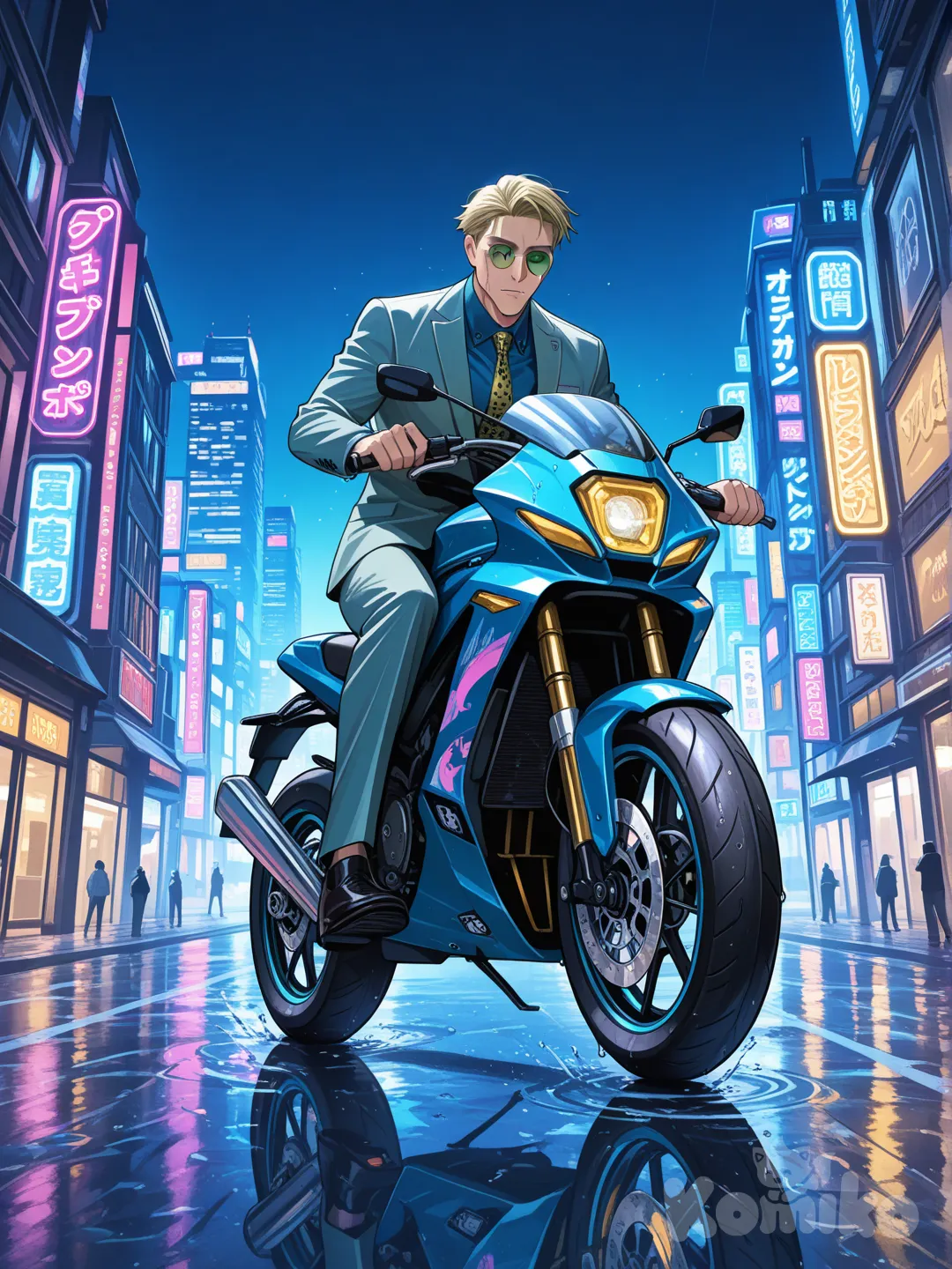 sur une moto qui fait des wheeling, dans les rues de Tokyo, Neofuturiste, de nuit, @Nanami_Kento