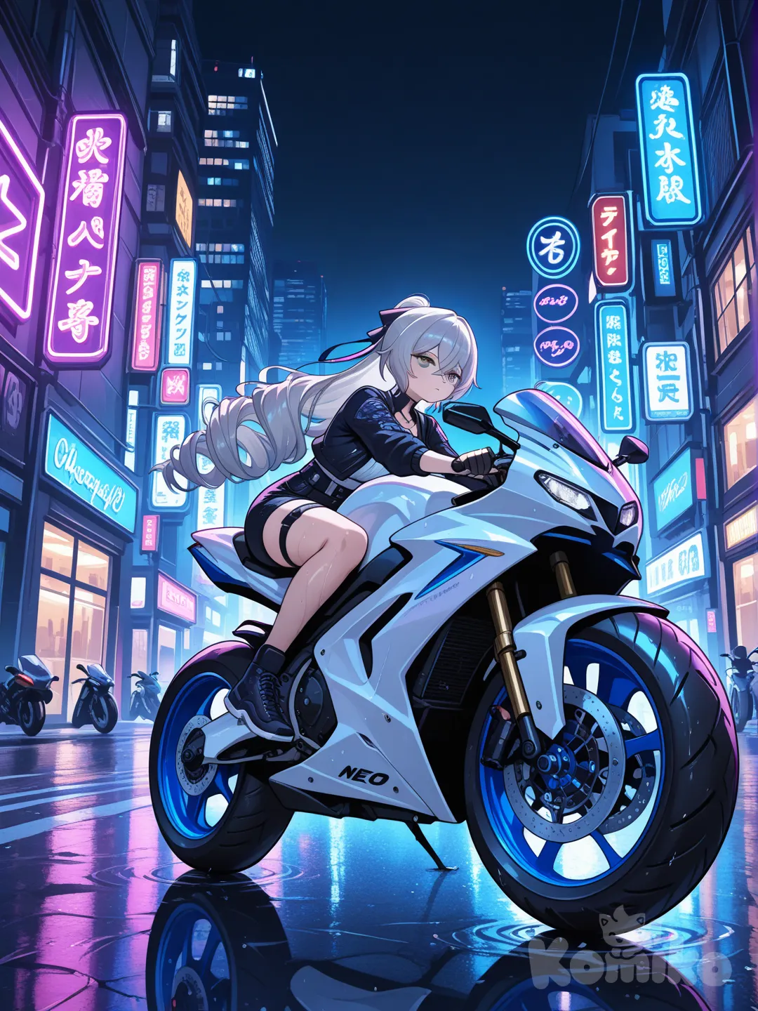 sur une moto qui fait des wheeling, dans les rues de Tokyo, Neofuturiste, de nuit, @Bronya_Zaychik_(Silverwing:N-Ex)