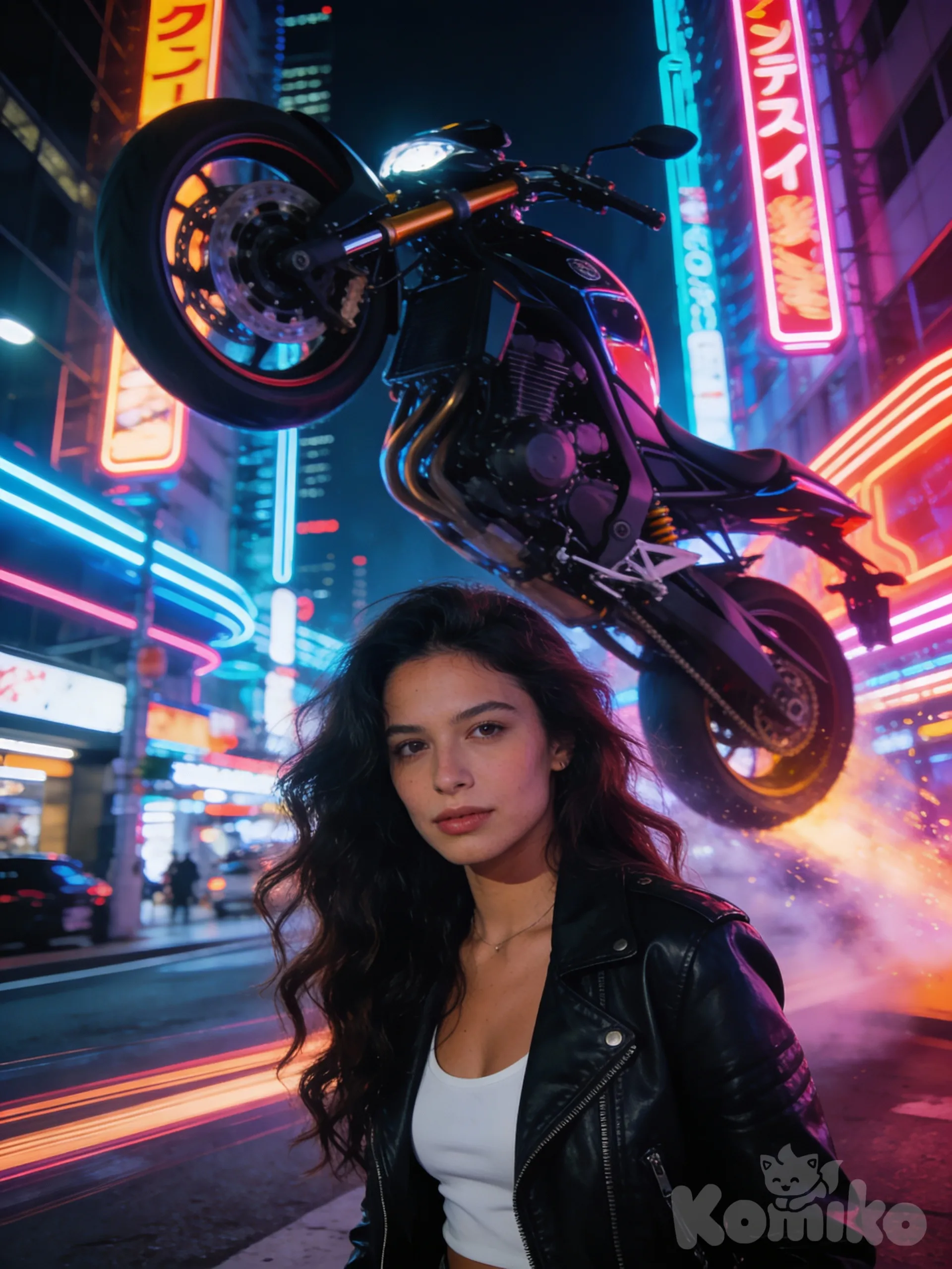 sur une moto qui fait des wheeling, dans les rues de Tokyo, Neofuturiste, de nuit, @Zoey