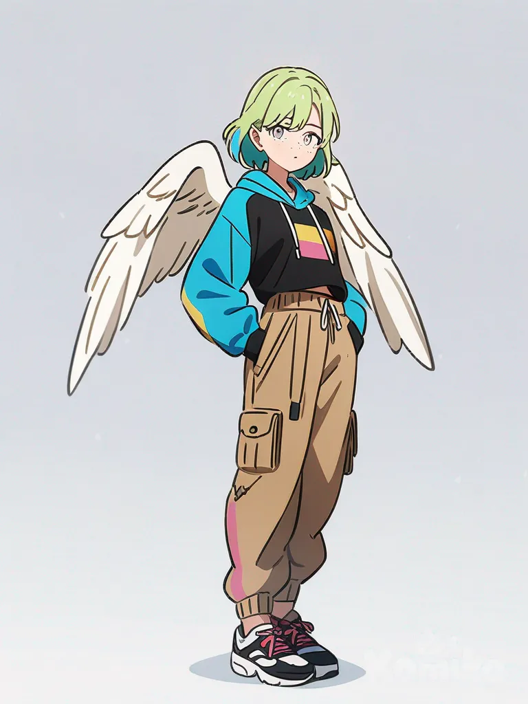 1girl, pansexual demigirl, teenager, athletic, tall, green hair, gray eyes, freckles, t-shirt, hoodie, cargo pants, angel wings, bow, anime coloring, single character, full body, looking at viewer, anime style, simple background, white background