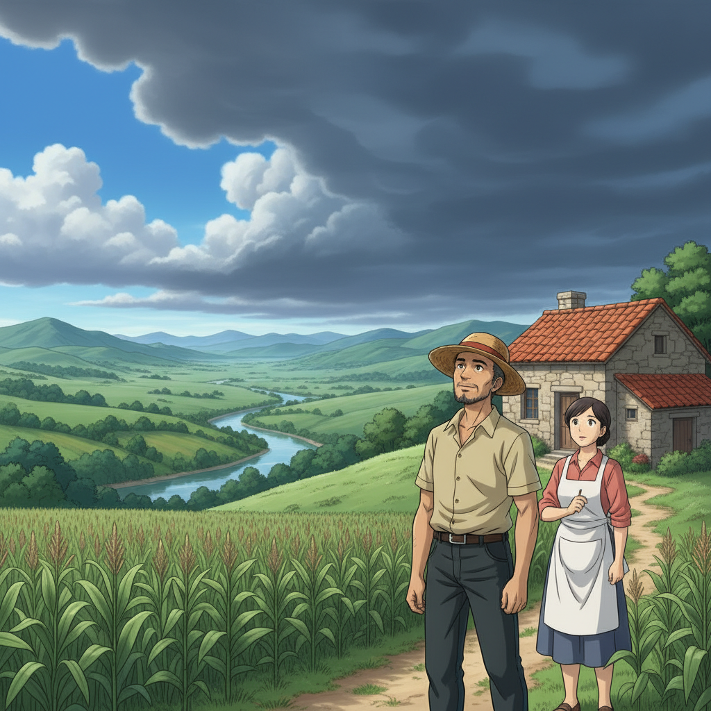 Panel 1 Background: Lencho’s house on the hill, valley and fields in view.
Narration: “Lencho’s house, the only one in the valley, sat on a low hill, overlooking the river and cornfields.”
Dialogue (Lencho): “Now we are really going to get some water.” Panel 2 Background: Lencho looking at the sky, wife nearby.
Narration: “Lencho, a farmer who knew his crops well, watched the sky all morning, hoping for rain.”
Dialogue (Lencho to wife): “The rain will save our crops!” Panel 3 Background: Clouds gathering in the sky.
Narration: “Dark clouds began to gather, promising relief for the thirsty fields.”
Dialogue (Lencho, excited): “Finally, rain is coming!” Panel 4 Background: Gentle rain falling over fields.
Narration: “At first, the rain was gentle, reviving the hope of a good harvest.”
Dialogue (Lencho, joyfully): “God is helping us!” Panel 5 Background: Hailstorm destroying crops and trees.
Narration: “But soon, the rain turned into a hailstorm, destroying everything in its path.”
Dialogue (Lencho, shocked): “No! Everything is ruined!” Panel 6 Background: Lencho’s family looking sad in the ruined field.
Narration: “The entire valley was devastated, and not a single leaf remained on the trees.”
Dialogue (Lencho, determined): “God is our only hope now.” Panel 7 Background: Lencho at a table, writing a letter.
Narration: “That night, Lencho sat down to write a letter, asking for help from God.”
Dialogue (Lencho, writing): “God, if you don’t help me, my family and I will go hungry this year.” Panel 8 Background: Close-up of letter being written.
Narration: “He requested a hundred pesos to sow his fields again and survive until the next crop.”
Dialogue (Lencho, continuing): “I need a hundred pesos to sow my fields again and live until the next crop.” Panel 9 Background: Postman finding the letter at the post office.
Narration: “A postman found the letter addressed simply to God and showed it to his boss.”
Dialogue (Postman, laughing): “Look! Someone wrote a letter to God!” Panel 10 Background: Postmaster reading the letter, moved.
Narration: “The postmaster, a kind man, was deeply moved by Lencho’s faith.”
Dialogue (Postmaster, quietly): “We must help him, but let him keep his faith in God.” Panel 11 Background: Post office employees counting money.
Narration: “Together, the postmaster and his employees collected seventy pesos to help Lencho.”
Dialogue (Postmaster, smiling): “We’ll send it as if it’s from God.” Panel 12 Background: Envelope with money being mailed.
Narration: “The money was placed in an envelope and signed ‘God’ before sending it to Lencho.”
Dialogue (Post Officer, whispering): “He’ll never know it’s from us.” Panel 13 Background: Lencho receiving the envelope at his house.
Narration: “The following Sunday, Lencho received the envelope from the post office.”
Dialogue (Lencho, opening it): “God has answered my prayers!” Panel 14 Background: Lencho counting the money, thoughtful.
Narration: “He counted the money, but noticed it was less than he had asked for.”
Dialogue (Lencho, suspiciously): “God could not have made a mistake!” Panel 15 Background: Lencho writing another letter.
Narration: “Angry but still faithful, Lencho wrote another letter to God.”
Dialogue (Lencho, writing): “Of the money I asked for, only seventy pesos reached me. Send me the rest, but not through the post office; the employees are crooks.” Panel 16 Background: Wide shot of Lencho’s house, family together.
Narration: “Despite everything, Lencho’s faith in God remained unshaken, believing in divine help.”
Dialogue (Lencho, to family): “Next year, God will bless us again.”
