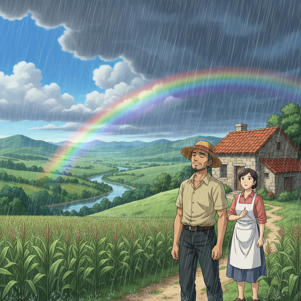 Panel 1 Background: Lencho’s house on the hill, valley and fields in view.
Narration: “Lencho’s house, the only one in the valley, sat on a low hill, overlooking the river and cornfields.”
Dialogue (Lencho): “Now we are really going to get some water.” Panel 2 Background: Lencho looking at the sky, wife nearby.
Narration: “Lencho, a farmer who knew his crops well, watched the sky all morning, hoping for rain.”
Dialogue (Lencho to wife): “The rain will save our crops!” Panel 3 Background: Clouds gathering in the sky.
Narration: “Dark clouds began to gather, promising relief for the thirsty fields.”
Dialogue (Lencho, excited): “Finally, rain is coming!” Panel 4 Background: Gentle rain falling over fields.
Narration: “At first, the rain was gentle, reviving the hope of a good harvest.”
Dialogue (Lencho, joyfully): “God is helping us!” Panel 5 Background: Hailstorm destroying crops and trees.
Narration: “But soon, the rain turned into a hailstorm, destroying everything in its path.”
Dialogue (Lencho, shocked): “No! Everything is ruined!” Panel 6 Background: Lencho’s family looking sad in the ruined field.
Narration: “The entire valley was devastated, and not a single leaf remained on the trees.”
Dialogue (Lencho, determined): “God is our only hope now.” Panel 7 Background: Lencho at a table, writing a letter.
Narration: “That night, Lencho sat down to write a letter, asking for help from God.”
Dialogue (Lencho, writing): “God, if you don’t help me, my family and I will go hungry this year.” Panel 8 Background: Close-up of letter being written.
Narration: “He requested a hundred pesos to sow his fields again and survive until the next crop.”
Dialogue (Lencho, continuing): “I need a hundred pesos to sow my fields again and live until the next crop.” Panel 9 Background: Postman finding the letter at the post office.
Narration: “A postman found the letter addressed simply to God and showed it to his boss.”
Dialogue (Postman, laughing): “Look! Someone wrote a letter to God!” Panel 10 Background: Postmaster reading the letter, moved.
Narration: “The postmaster, a kind man, was deeply moved by Lencho’s faith.”
Dialogue (Postmaster, quietly): “We must help him, but let him keep his faith in God.” Panel 11 Background: Post office employees counting money.
Narration: “Together, the postmaster and his employees collected seventy pesos to help Lencho.”
Dialogue (Postmaster, smiling): “We’ll send it as if it’s from God.” Panel 12 Background: Envelope with money being mailed.
Narration: “The money was placed in an envelope and signed ‘God’ before sending it to Lencho.”
Dialogue (Post Officer, whispering): “He’ll never know it’s from us.” Panel 13 Background: Lencho receiving the envelope at his house.
Narration: “The following Sunday, Lencho received the envelope from the post office.”
Dialogue (Lencho, opening it): “God has answered my prayers!” Panel 14 Background: Lencho counting the money, thoughtful.
Narration: “He counted the money, but noticed it was less than he had asked for.”
Dialogue (Lencho, suspiciously): “God could not have made a mistake!” Panel 15 Background: Lencho writing another letter.
Narration: “Angry but still faithful, Lencho wrote another letter to God.”
Dialogue (Lencho, writing): “Of the money I asked for, only seventy pesos reached me. Send me the rest, but not through the post office; the employees are crooks.” Panel 16 Background: Wide shot of Lencho’s house, family together.
Narration: “Despite everything, Lencho’s faith in God remained unshaken, believing in divine help.”
Dialogue (Lencho, to family): “Next year, God will bless us again.”