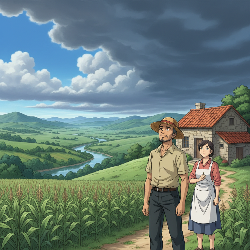 Panel 1 Background: Lencho’s house on the hill, valley and fields in view.
Narration: “Lencho’s house, the only one in the valley, sat on a low hill, overlooking the river and cornfields.”
Dialogue (Lencho): “Now we are really going to get some water.” Panel 2 Background: Lencho looking at the sky, wife nearby.
Narration: “Lencho, a farmer who knew his crops well, watched the sky all morning, hoping for rain.”
Dialogue (Lencho to wife): “The rain will save our crops!” Panel 3 Background: Clouds gathering in the sky.
Narration: “Dark clouds began to gather, promising relief for the thirsty fields.”
Dialogue (Lencho, excited): “Finally, rain is coming!” Panel 4 Background: Gentle rain falling over fields.
Narration: “At first, the rain was gentle, reviving the hope of a good harvest.”
Dialogue (Lencho, joyfully): “God is helping us!” Panel 5 Background: Hailstorm destroying crops and trees.
Narration: “But soon, the rain turned into a hailstorm, destroying everything in its path.”
Dialogue (Lencho, shocked): “No! Everything is ruined!” Panel 6 Background: Lencho’s family looking sad in the ruined field.
Narration: “The entire valley was devastated, and not a single leaf remained on the trees.”
Dialogue (Lencho, determined): “God is our only hope now.” Panel 7 Background: Lencho at a table, writing a letter.
Narration: “That night, Lencho sat down to write a letter, asking for help from God.”
Dialogue (Lencho, writing): “God, if you don’t help me, my family and I will go hungry this year.” Panel 8 Background: Close-up of letter being written.
Narration: “He requested a hundred pesos to sow his fields again and survive until the next crop.”
Dialogue (Lencho, continuing): “I need a hundred pesos to sow my fields again and live until the next crop.” Panel 9 Background: Postman finding the letter at the post office.
Narration: “A postman found the letter addressed simply to God and showed it to his boss.”
Dialogue (Postman, laughing): “Look! Someone wrote a letter to God!” Panel 10 Background: Postmaster reading the letter, moved.
Narration: “The postmaster, a kind man, was deeply moved by Lencho’s faith.”
Dialogue (Postmaster, quietly): “We must help him, but let him keep his faith in God.” Panel 11 Background: Post office employees counting money.
Narration: “Together, the postmaster and his employees collected seventy pesos to help Lencho.”
Dialogue (Postmaster, smiling): “We’ll send it as if it’s from God.” Panel 12 Background: Envelope with money being mailed.
Narration: “The money was placed in an envelope and signed ‘God’ before sending it to Lencho.”
Dialogue (Post Officer, whispering): “He’ll never know it’s from us.” Panel 13 Background: Lencho receiving the envelope at his house.
Narration: “The following Sunday, Lencho received the envelope from the post office.”
Dialogue (Lencho, opening it): “God has answered my prayers!” Panel 14 Background: Lencho counting the money, thoughtful.
Narration: “He counted the money, but noticed it was less than he had asked for.”
Dialogue (Lencho, suspiciously): “God could not have made a mistake!” Panel 15 Background: Lencho writing another letter.
Narration: “Angry but still faithful, Lencho wrote another letter to God.”
Dialogue (Lencho, writing): “Of the money I asked for, only seventy pesos reached me. Send me the rest, but not through the post office; the employees are crooks.” Panel 16 Background: Wide shot of Lencho’s house, family together.
Narration: “Despite everything, Lencho’s faith in God remained unshaken, believing in divine help.”
Dialogue (Lencho, to family): “Next year, God will bless us again.”
