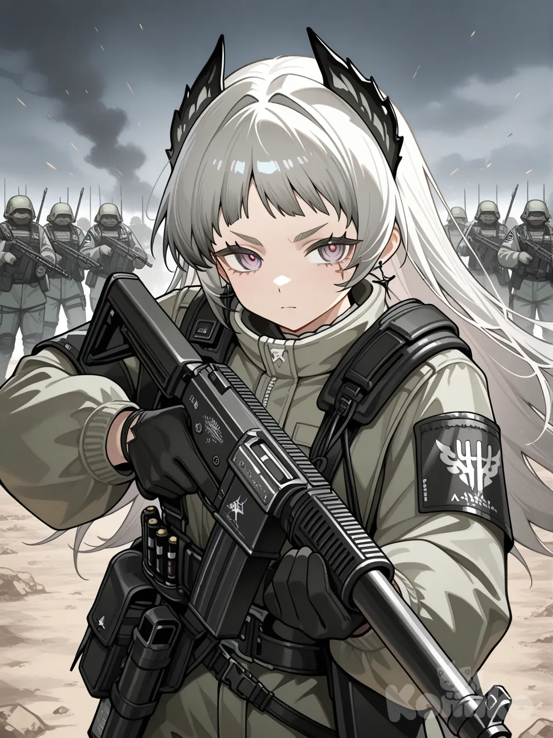 @Irene_(Arknights), millitary , holding gun, CQB , Army Suit