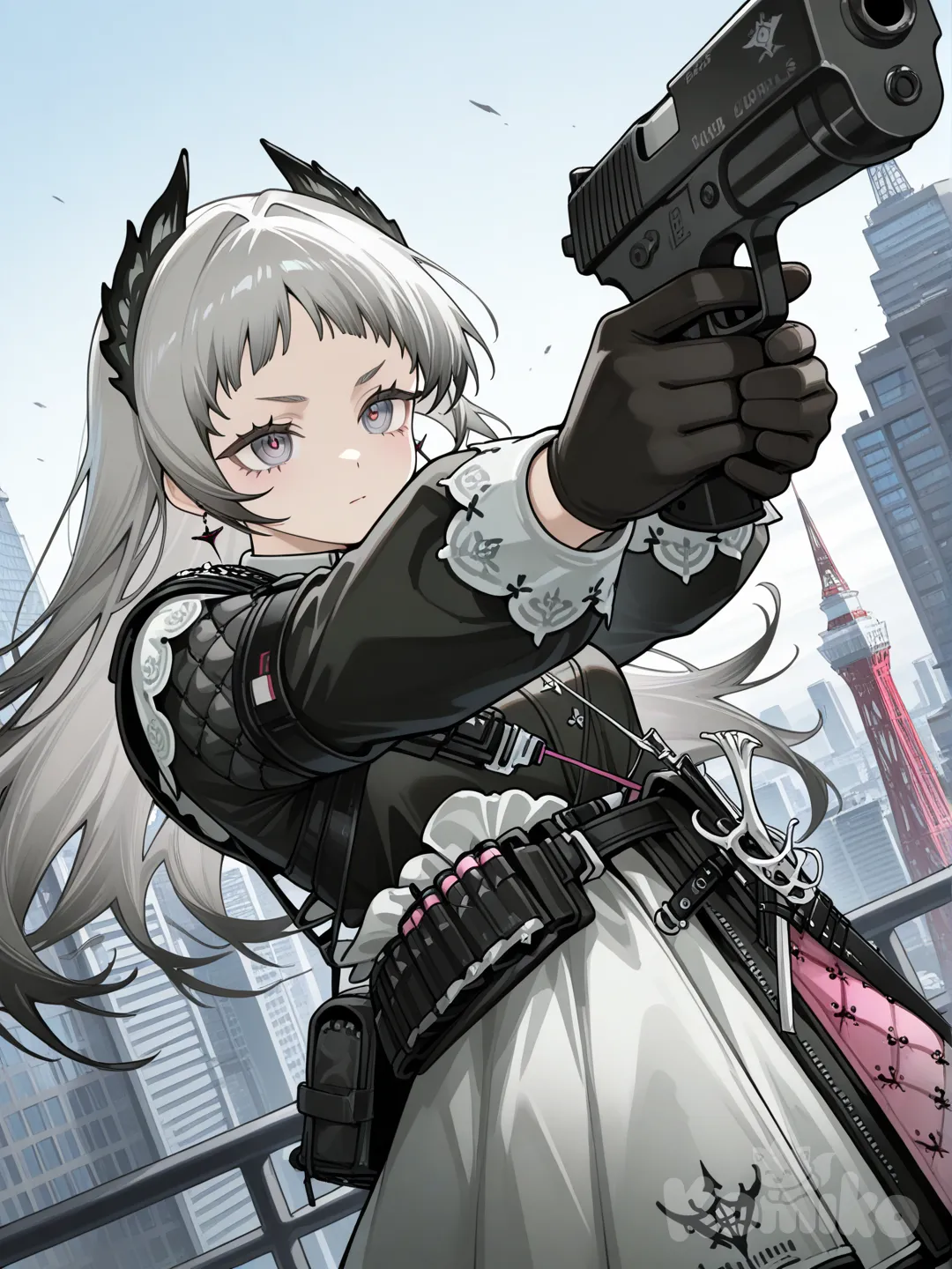 @Irene_(Arknights), millitary , holding gun, CQB , Army Suit, Zipline, sky tower