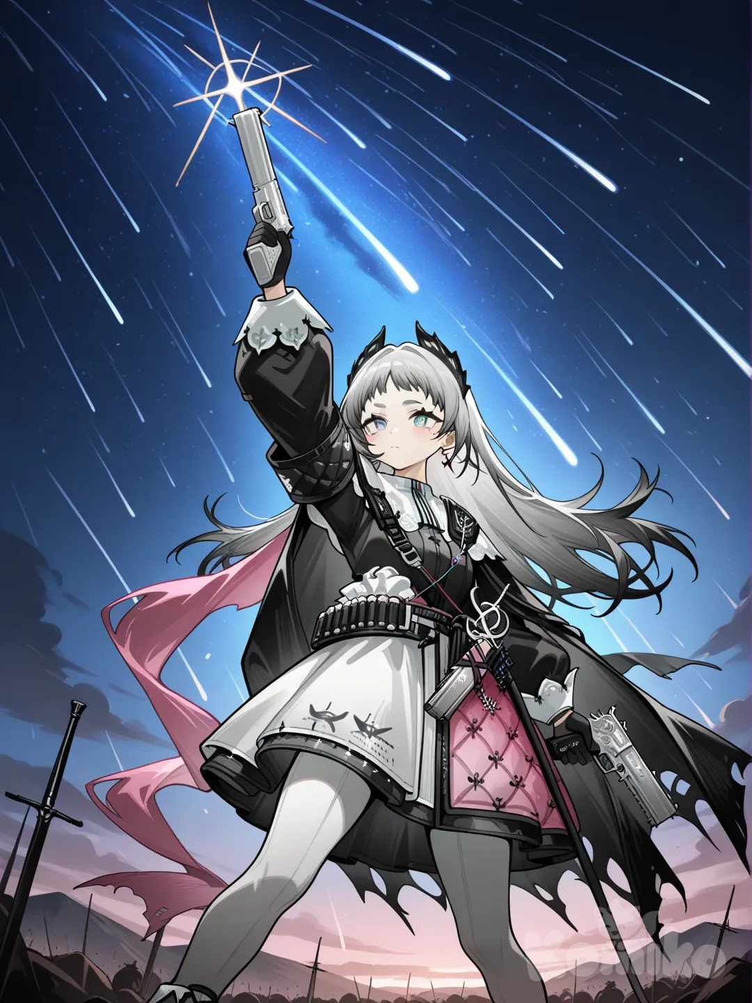 @Irene_(Arknights), millitary , holding gun, Army Suit, meteor shower