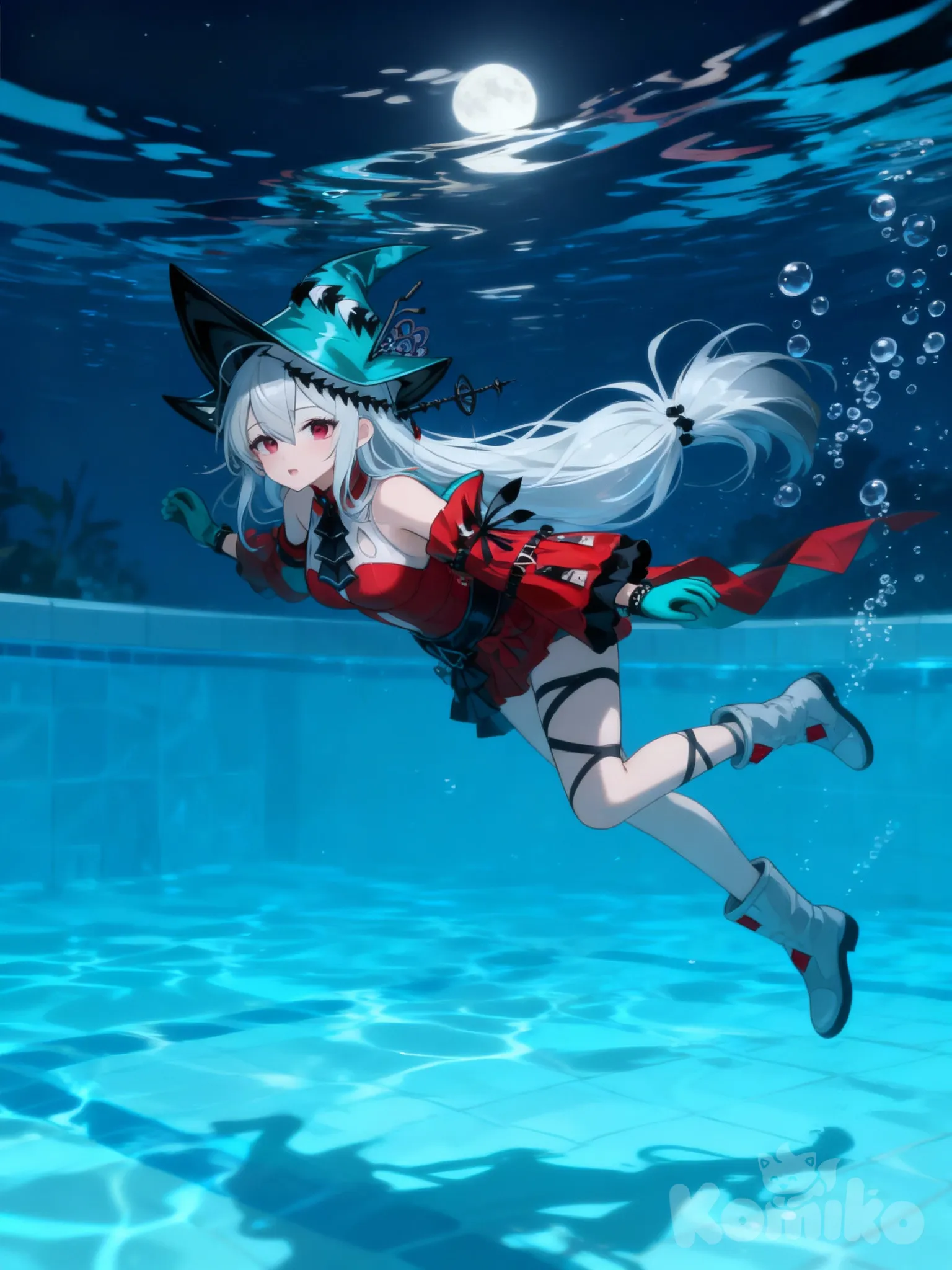 @Skadi_The_Corrupting_Heart_(Arknights), swimming, underwater, pool, night