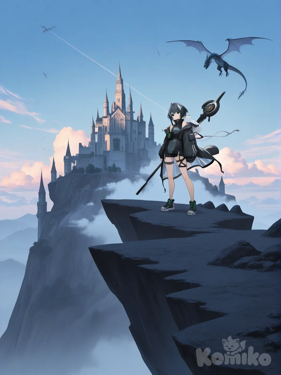 1girl, la pluma (arknights), holding staff, fantasy, cliff, dragon, day, dark castle