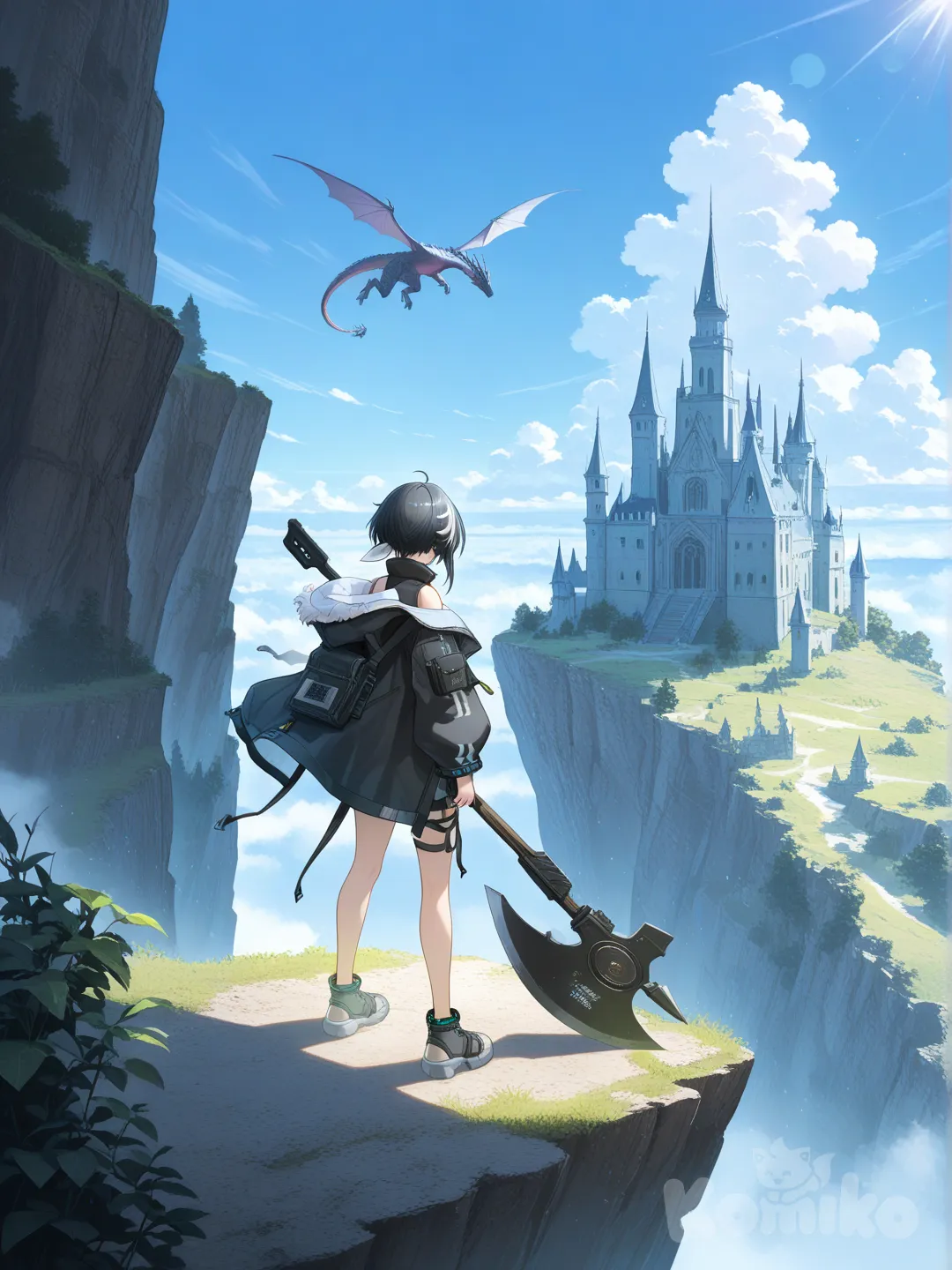 1girl, la pluma (arknights), battle axe, fantasy, cliff, dragon, day, dark castle