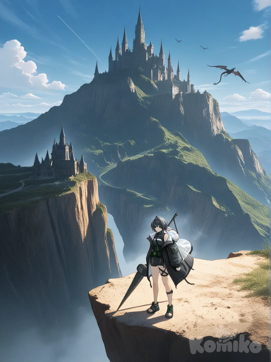 1girl, la pluma (arknights), Lance, fantasy, cliff, dragon, day, dark castle