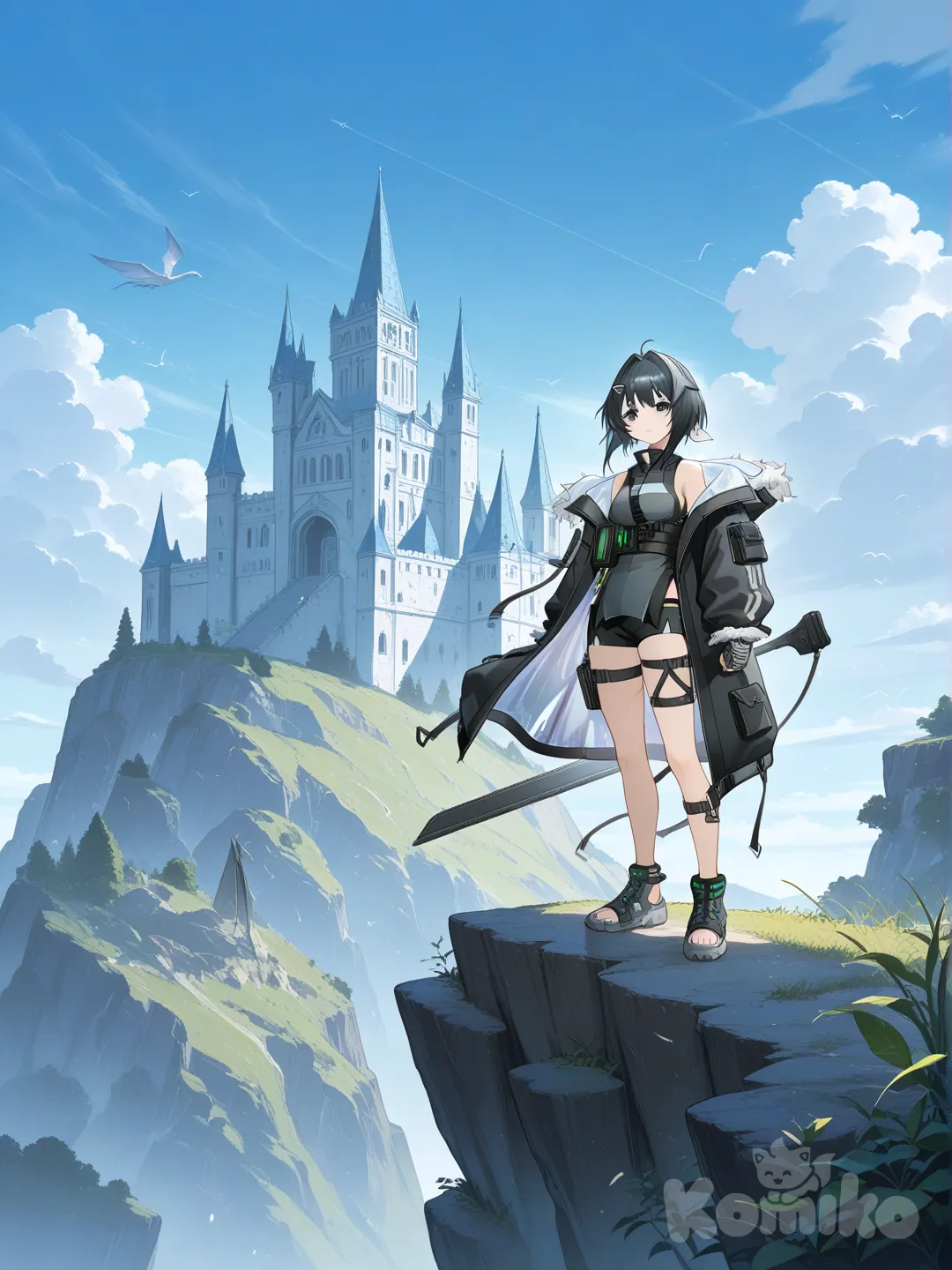 1girl, la pluma (arknights), Knight suit, fantasy, cliff, dragon, day, castle gate