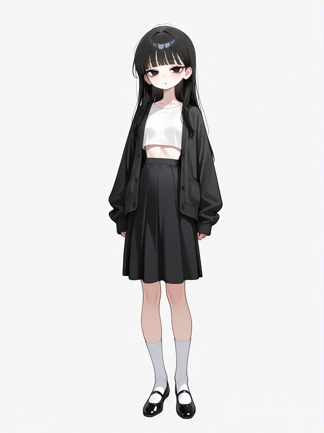 1girl, korean, tall, skinny, long black hair, straight calm hair, small oval face, narrow jawline, light makeup, blunt bangs, long slanted eyes, white simple crop shirt, black cardigan, black medium skirt, crew socks, mid-calf white socks, black ballet shoes, full body, white background, simple background, looking at viewer, front view