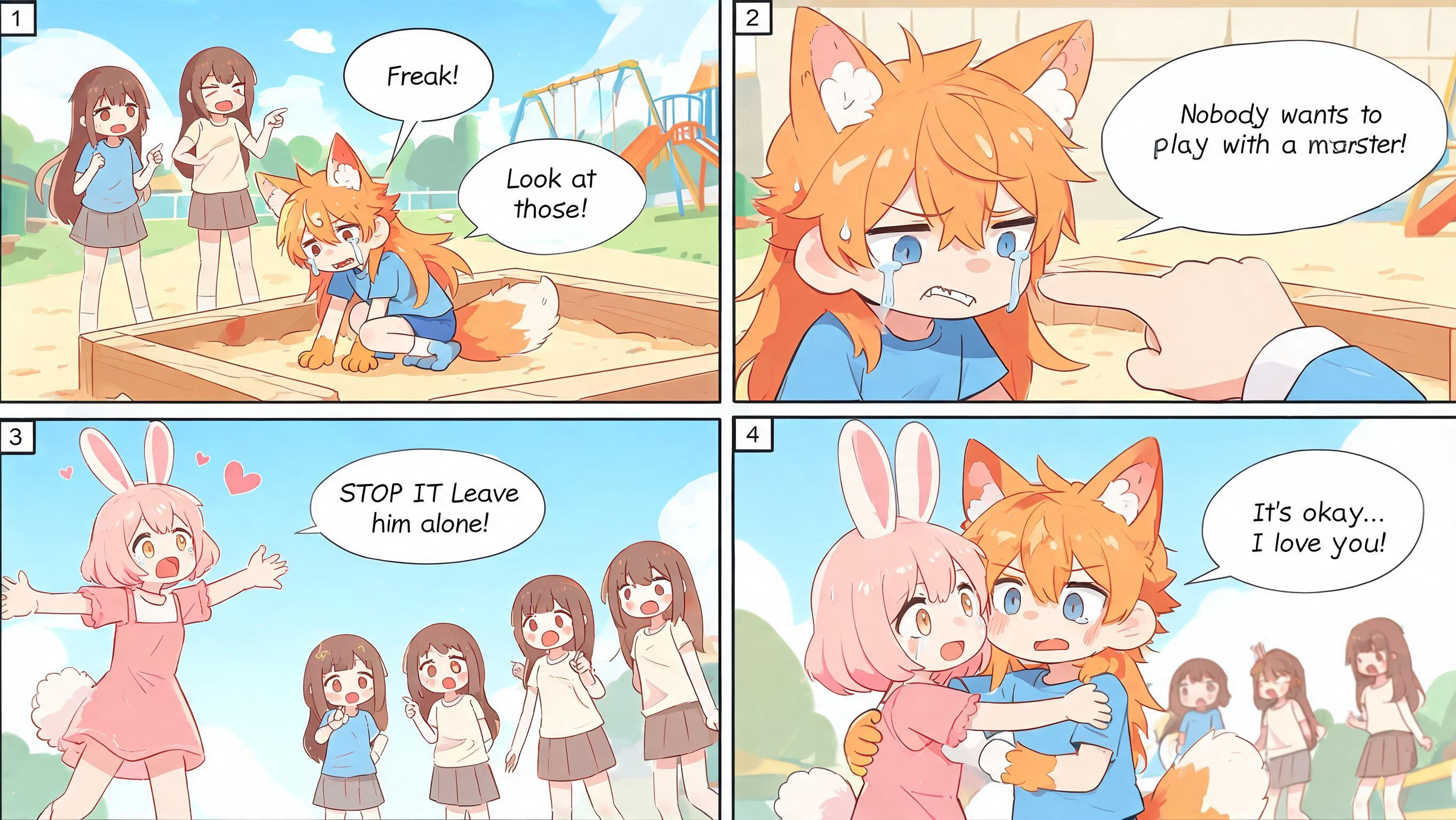 A 9-year-old boy with long hair and fox ears, a tail, fangs, and paws instead of hands is being bullied by girls. However, a 9-year-old girl with short hair and bunny ears and a tail approaches him and hugs him, saying that she loves him.