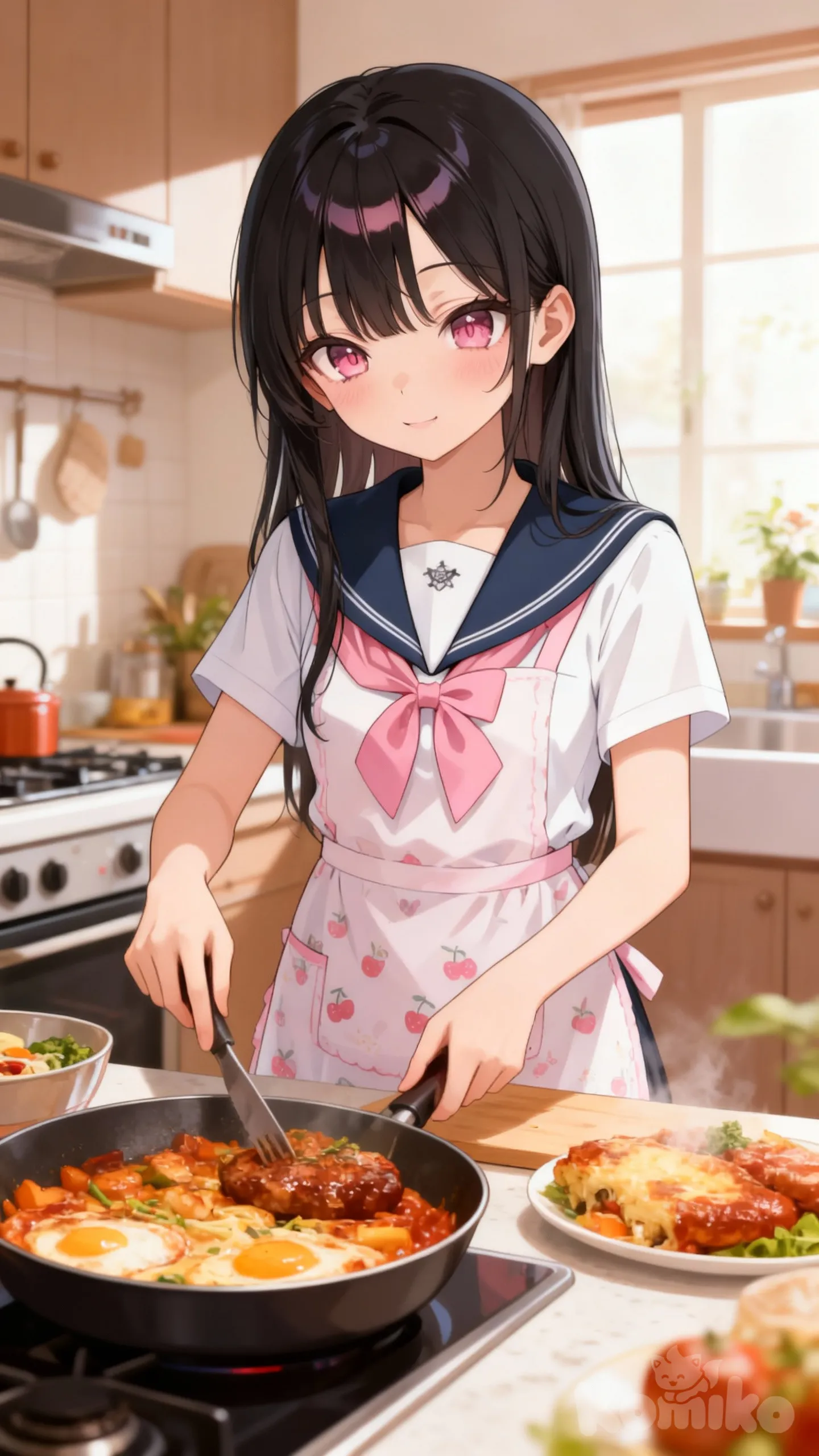 Kitchen, food being prepared, apron, short-sleeved school uniform