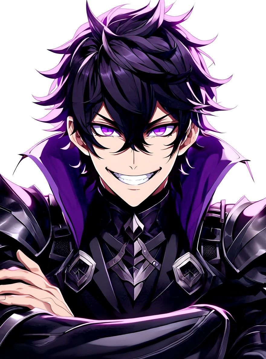 1boy, white skin, black_hair, purple-tipped hair, single character, full body, looking at viewer, anime style, simple background, white background