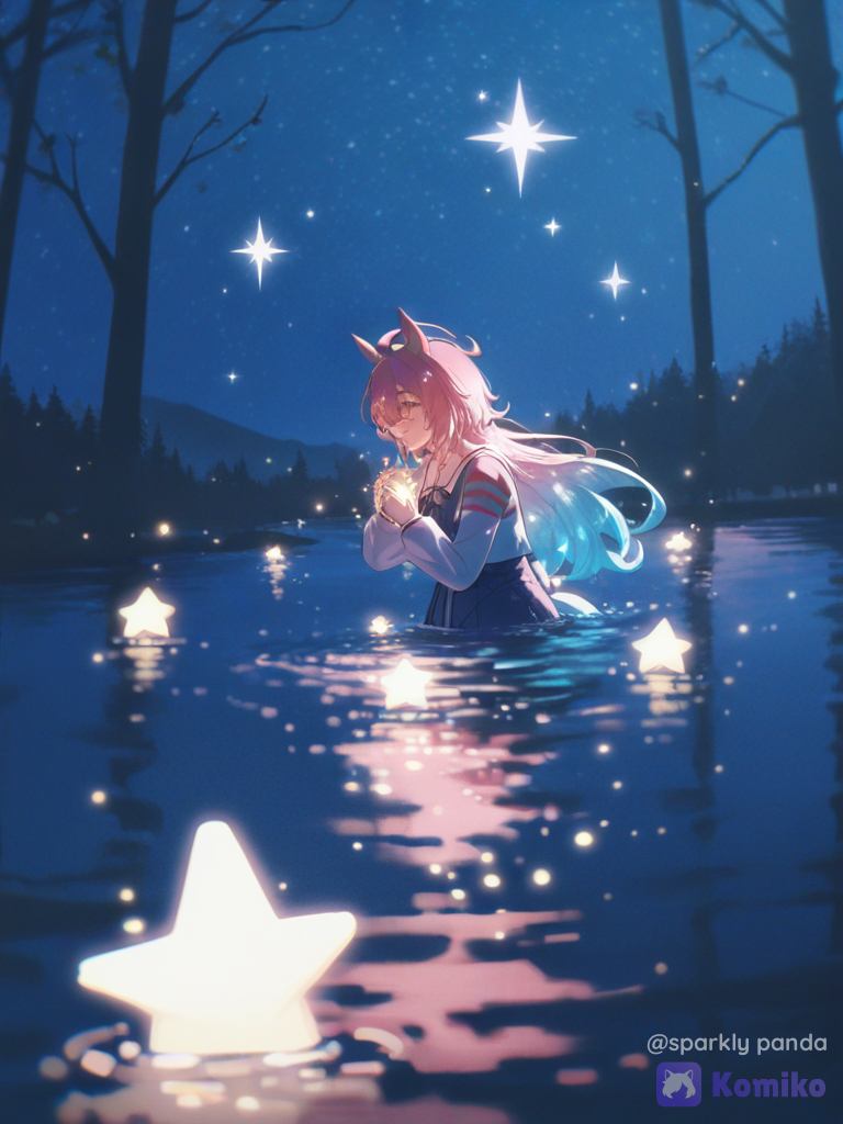 A stunning anime illustration of @Agnes_Tachyon_(Umamusume), the Oshi no Ko style idol girl with long half-pink and half-light-blue hair and sparkling starry pupils.Composition: Medium shot. Aimi is standing at the edge of a perfectly still, crystal-clear mystical pond hidden deep inside a dark night forest. She is gently dipping her fingertips into the water.The Stars: Real miniature stars are floating in the air inside the woods, and their brilliant starlight reflects flawlessly on the water's surface, making it look like she is touching a pool of liquid cosmos. Ethereal glowing particles, soft pastel hues, gorgeous depth of field, quality., [dreamy-haze-style]