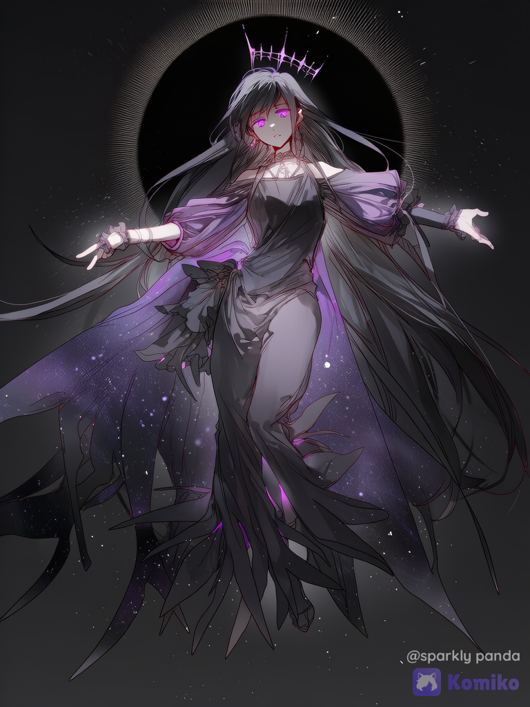 1girl, goddess of darkness, solo, crown, glowing eyes, purple eyes, long black hair, flowing hair, dark skin, black dress, intricate dress, starry cape, floating particles, dark aura, shadow magic, eclipse background, highly dynamic pose, cinematic lighting, [soft-glow-style]