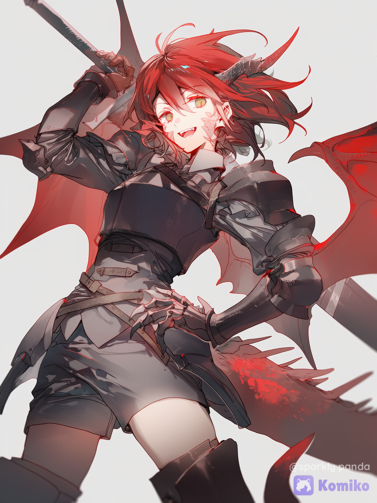 1female, solo, half-dragon, dragon horns, dragon tail, slit pupils, red hair, spiky hair, dragon wings, holding greatsword, Commande, dynamic pose, dress armor, Beautiful woman, energetic, cheerful, confident, [soft-glow-style]