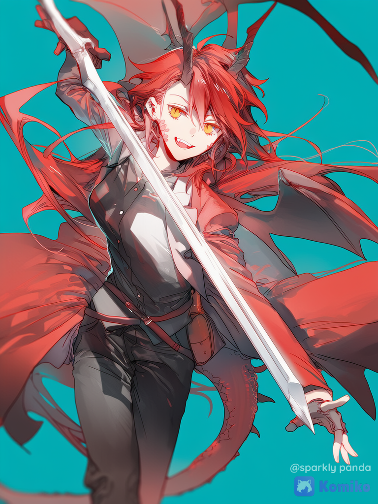 1female, solo, half-dragon, dragon horns, dragon tail, slit pupils, red hair, spiky hair, dragon wings, holding greatsword, Commande, dynamic pose, Beautiful woman, energetic, cheerful, confident, [soft-glow-style]"reference image"