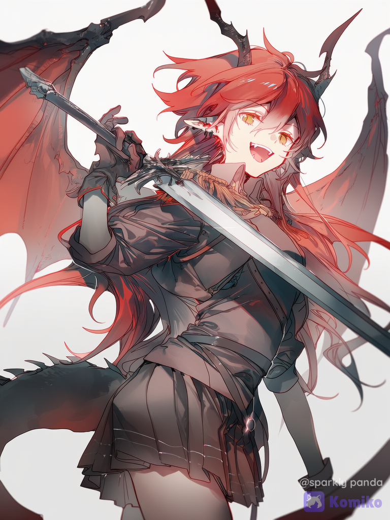 1female, solo, half-dragon, dragon horns, dragon tail, slit pupils, red hair, spiky hair, dragon wings, holding greatsword, Commander, dynamic pose, Beautiful woman, energetic, cheerful, confident, [soft-glow-style]"reference image"
