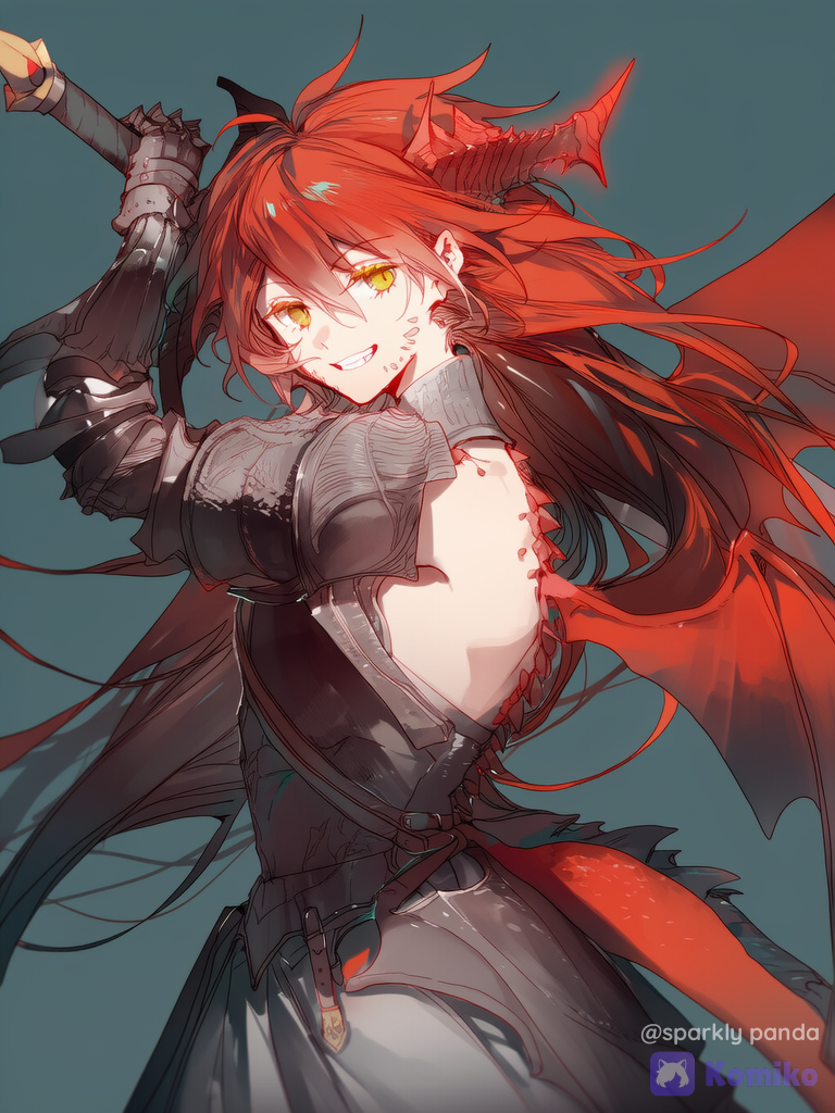 1female, solo, half-dragon, dragon horns, dragon tail, slit pupils, red hair, spiky hair, dragon wings, holding greatsword, Commande, dynamic pose, dress armor, Beautiful woman, energetic, cheerful, confident, [soft-glow-style]