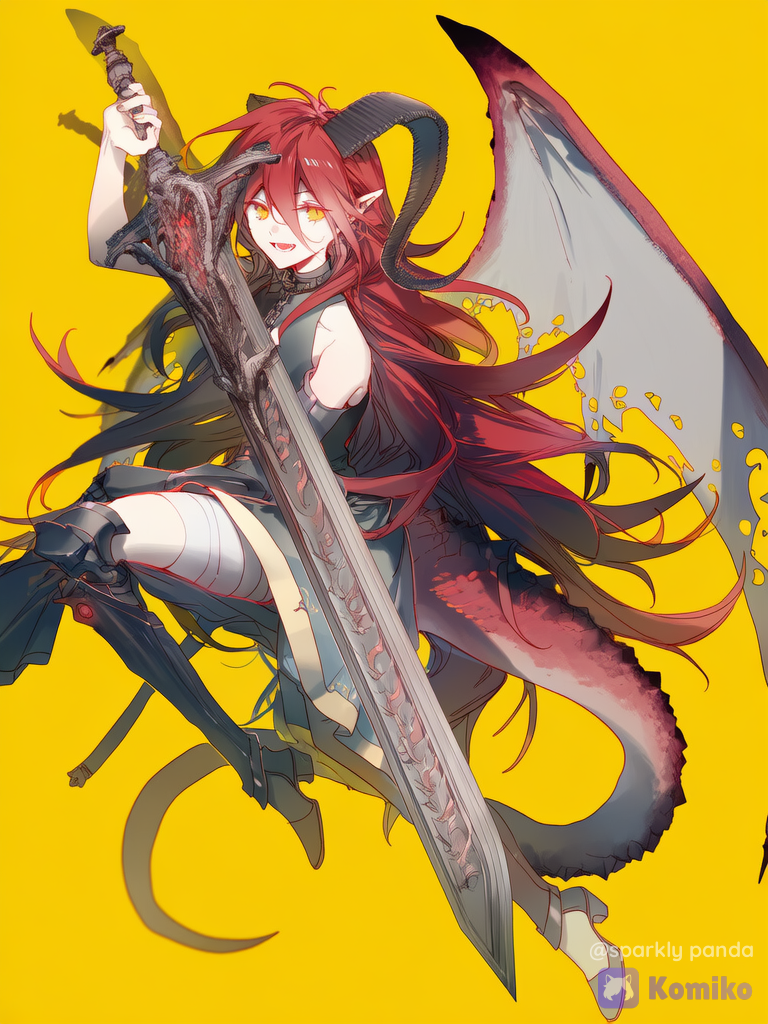 1female, solo, half-dragon, dragon horns, dragon tail, slit pupils, red hair, spiky hair, dragon wings, holding greatsword, Commande, dynamic pose, dress armor, Beautiful woman, energetic, cheerful, confident, [soft-glow-style]"reference image"