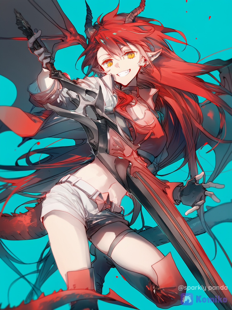 1female, solo, half-dragon, dragon horns, dragon tail, slit pupils, red hair, spiky hair, dragon wings, holding greatsword, Commander, dynamic pose, Beautiful woman, energetic, cheerful, confident, Playful, [soft-glow-style]