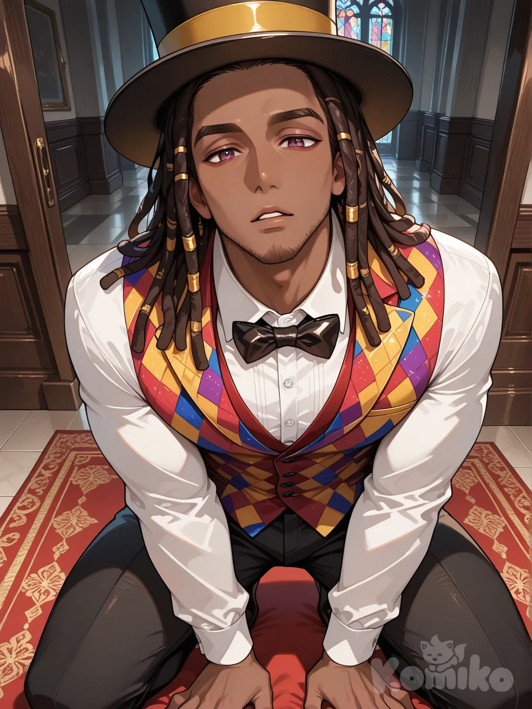 1boy, semi-realistic, dark skin, handsome male, dreadlocks, long hair, maroon eyes, stubble, colorful vest, dress shirt, pants, bowtie, top hat, on knees, looking up at viewer, slightly parted lips, complex background