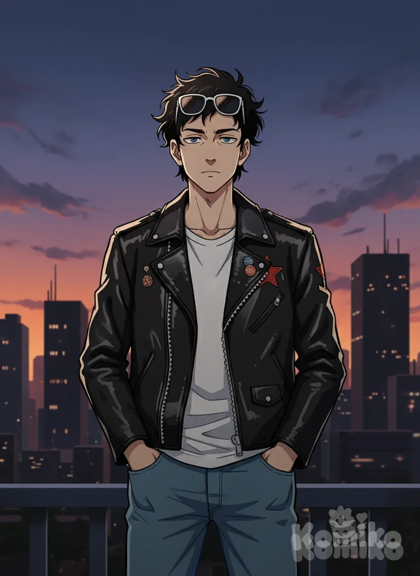 <melor-GuPu>, anime screencap, hands in pockets, looking forward , expressionless, upper body, cinematic lighting, twilight, cityscape