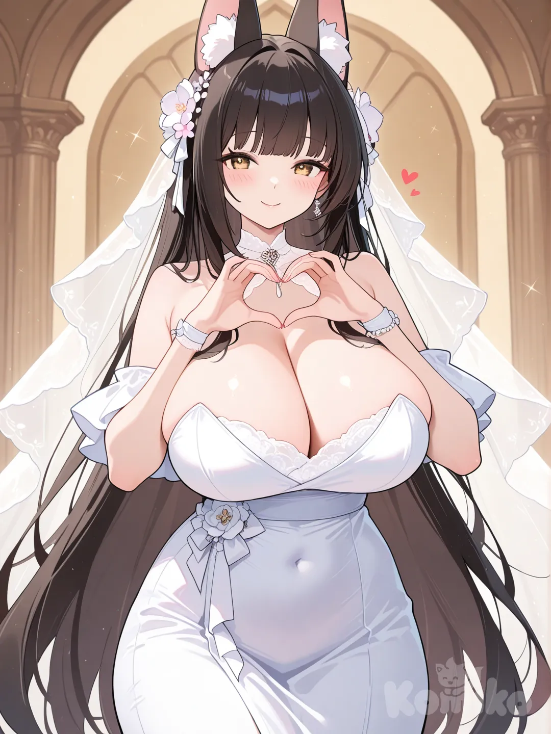 @Nagato_(Azur_Lane), dress, long dress, dress elegant, breasts, adult woman, mature female, heart gesture, voluptuous, Nagato (Azur