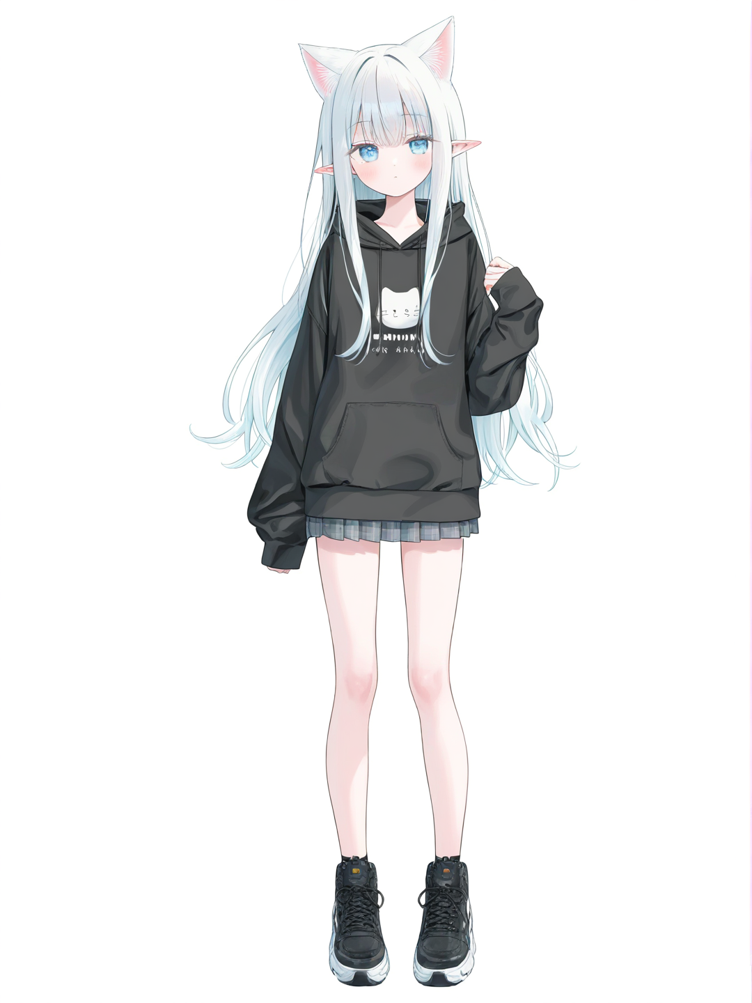 [soft-pastel-style] 1girl, elf, slim, white_hair, blue_eyes, fair_skin, long_hair, black_hoodie, black_miniskirt, cat_ears, single character, full body, looking at viewer, anime style, simple background, white background